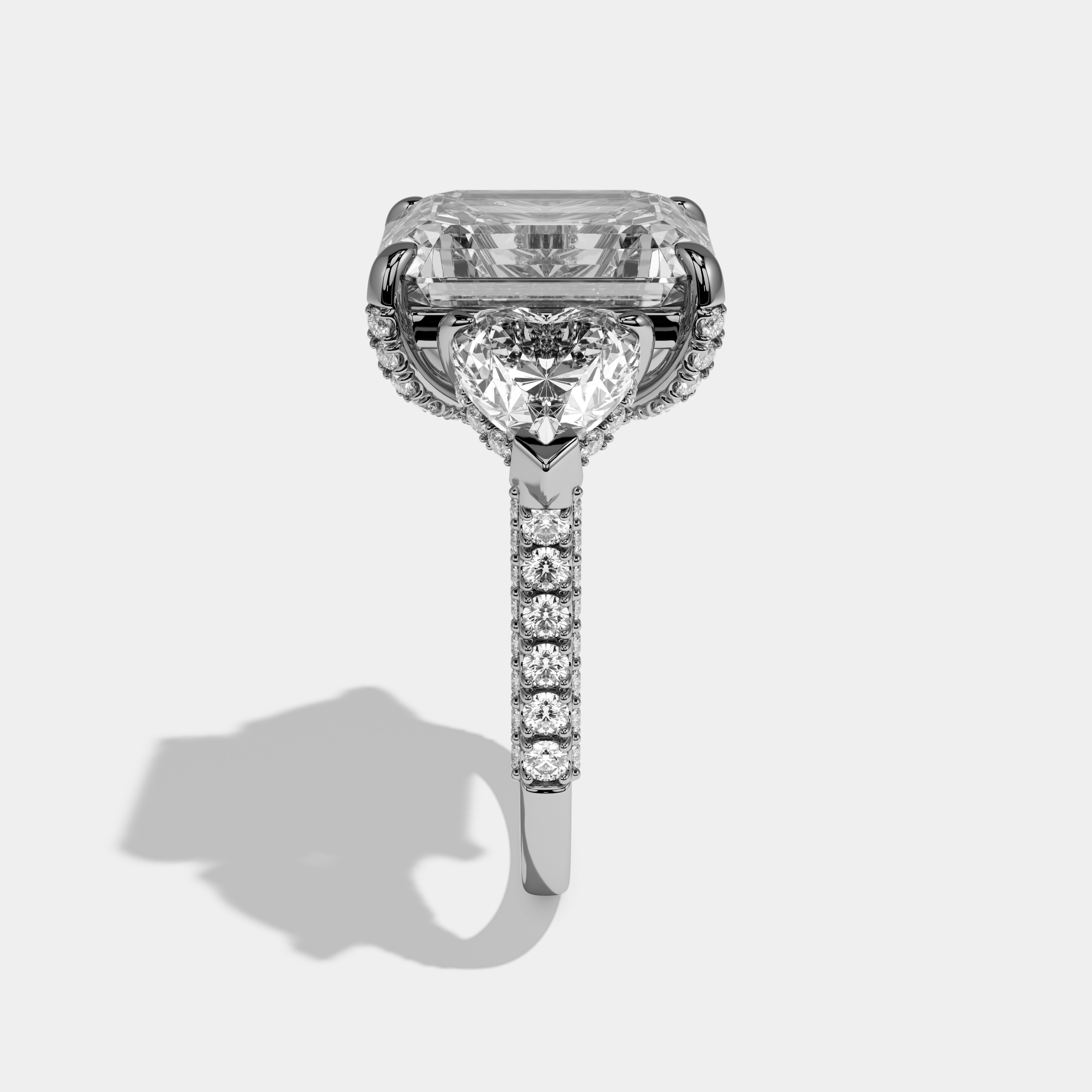 Alexandra Emerald Cut Diamond Halo With Twin Heart Sides Engagement Ring 10ct 18k White Gold