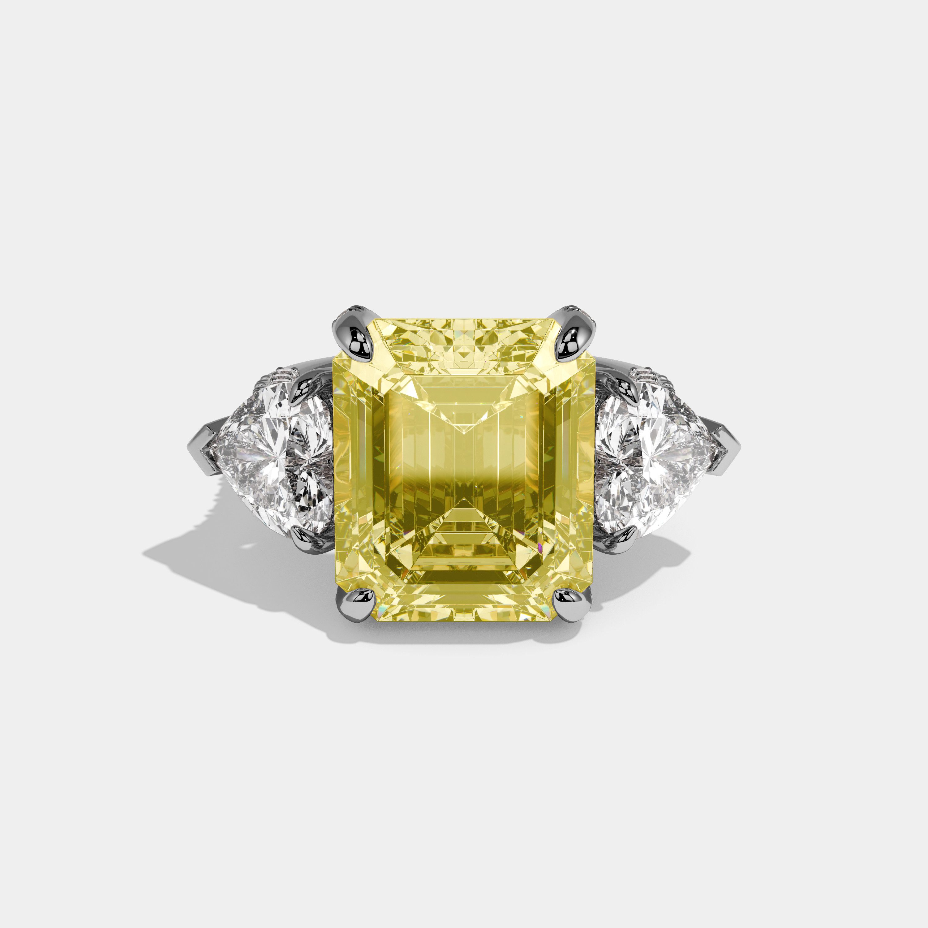 Alexandra Fancy Yellow Emerald Cut Diamond Halo With Twin Heart Sides Engagement Ring 10ct 18k White Gold