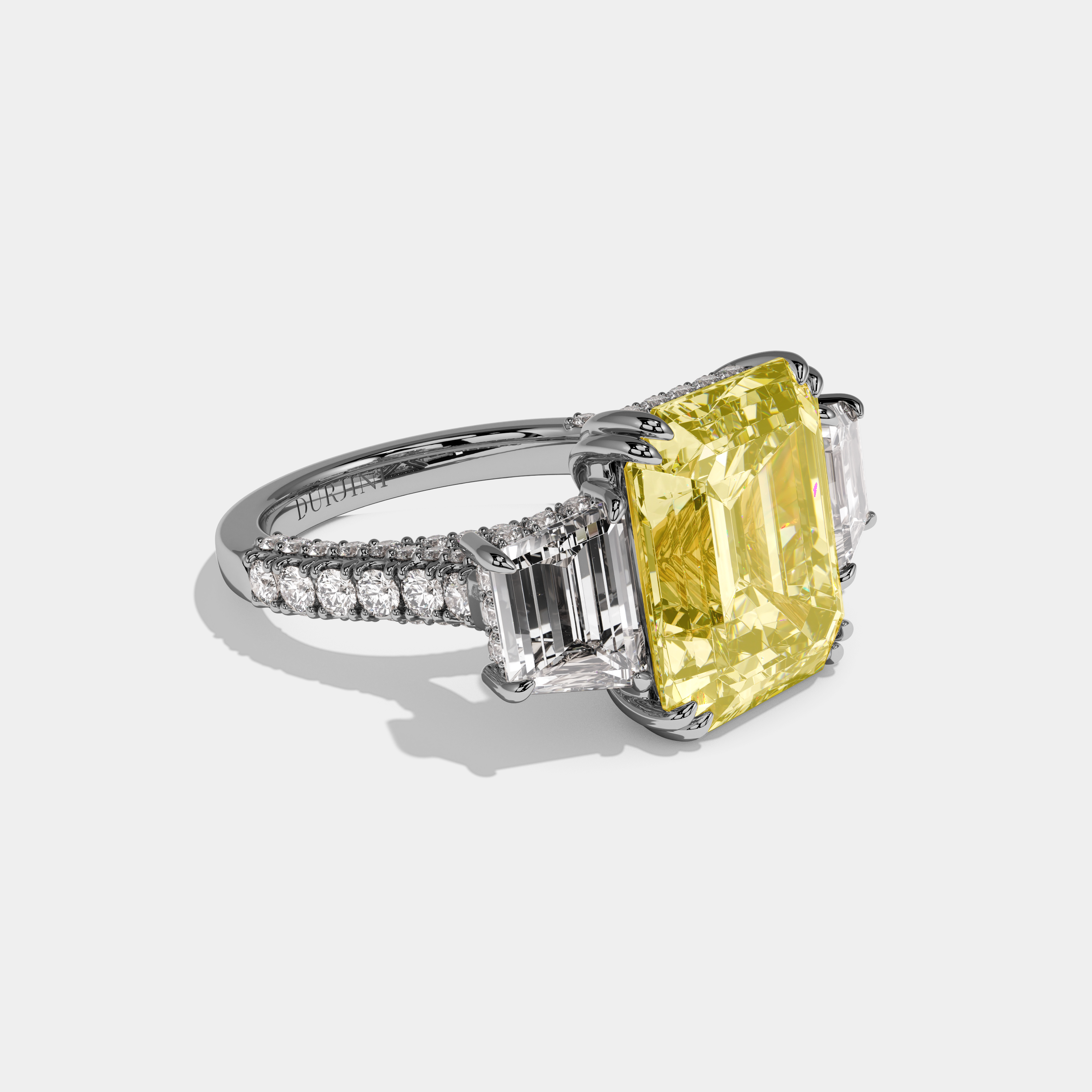 Catherine Fancy Yellow Emerald Cut Diamond Halo With Step Cut Side Diamond Band Engagement Ring 10ct 18k White Gold