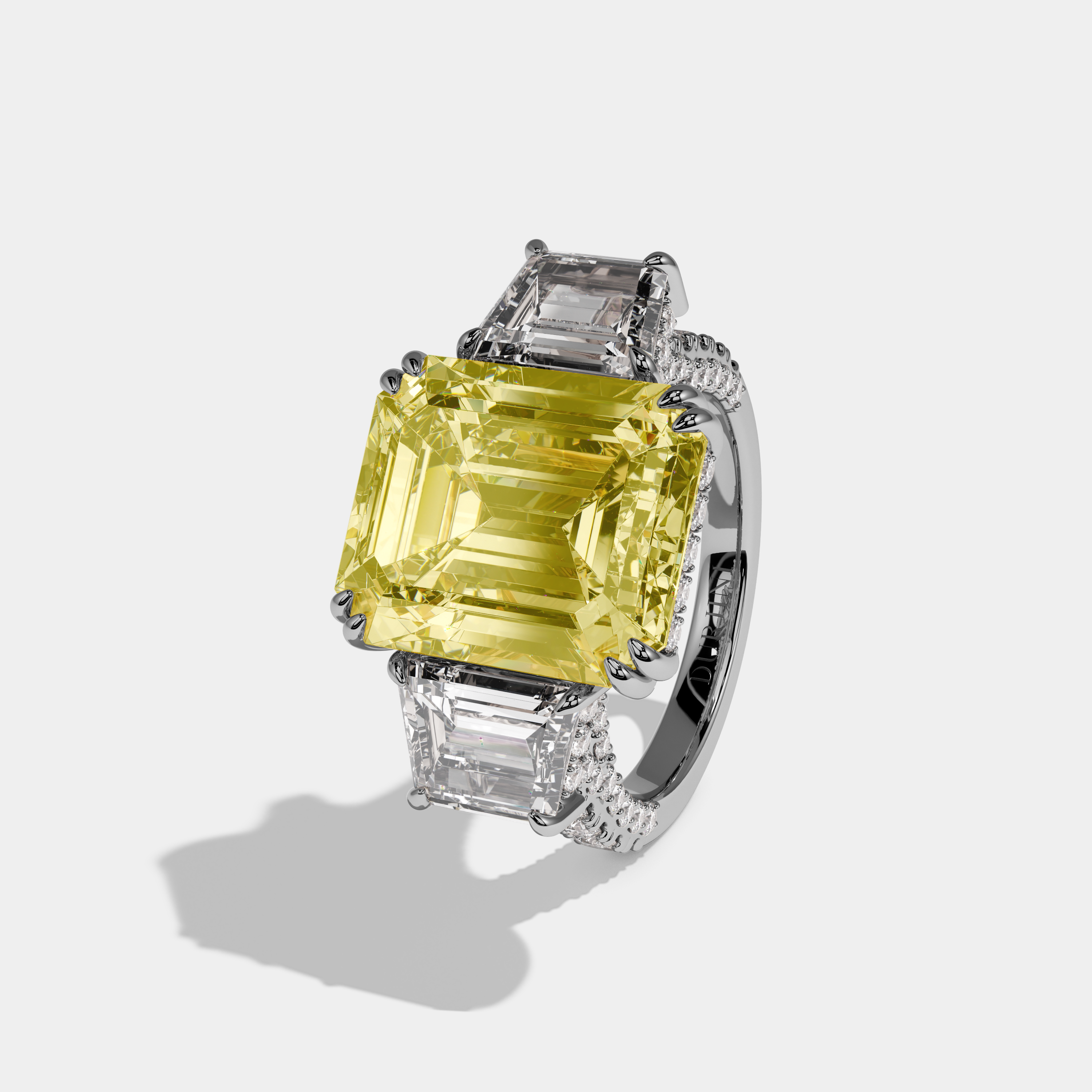 Catherine Fancy Yellow Emerald Cut Diamond Halo With Step Cut Side Diamond Band Engagement Ring 10ct 18k White Gold
