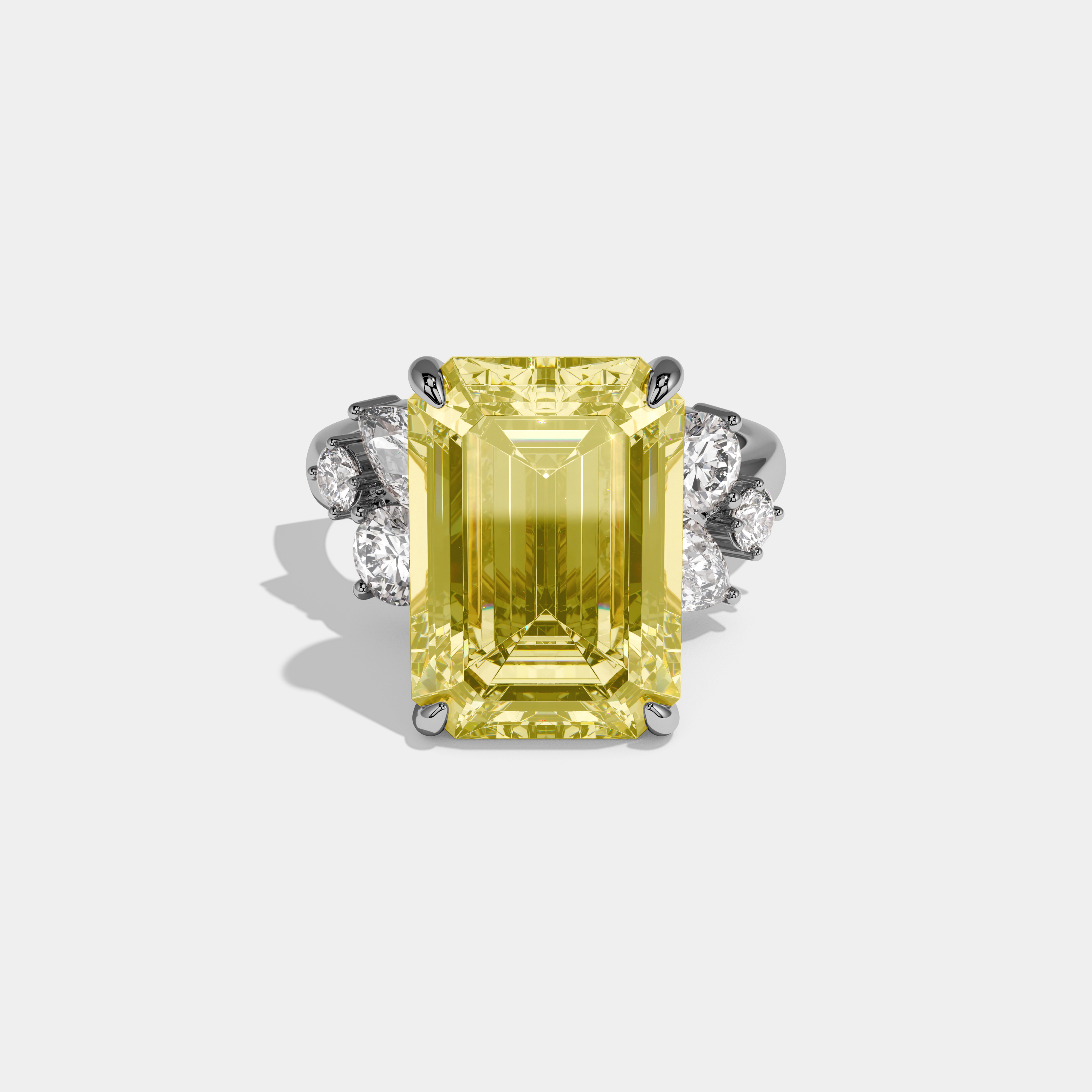 Louisa Fancy Yellow Emerald Cut Diamond Halo Band With Twin Pear Sides Engagement Ring 10ct 18k White Gold