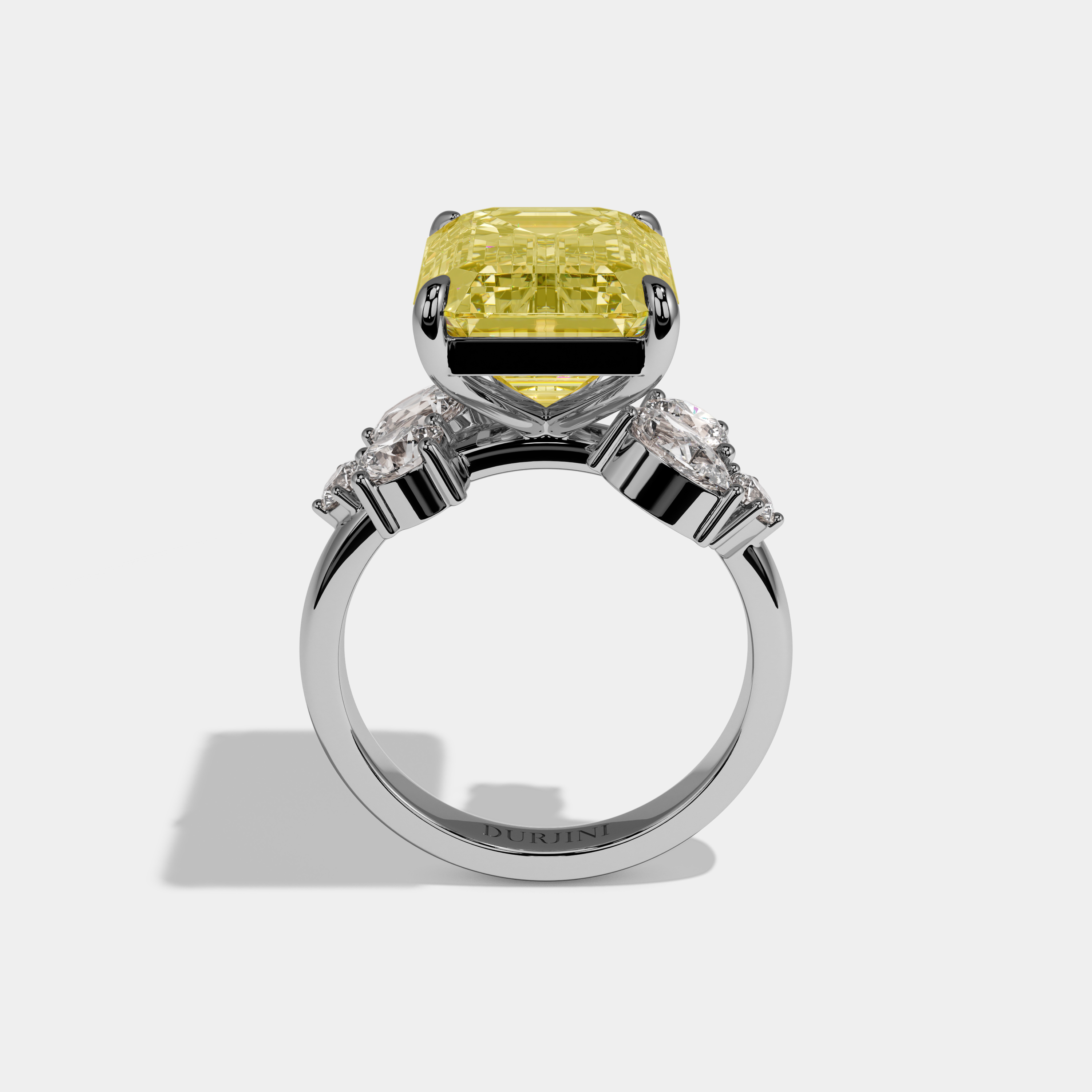 Louisa Fancy Yellow Emerald Cut Diamond Halo Band With Twin Pear Sides Engagement Ring 10ct 18k White Gold