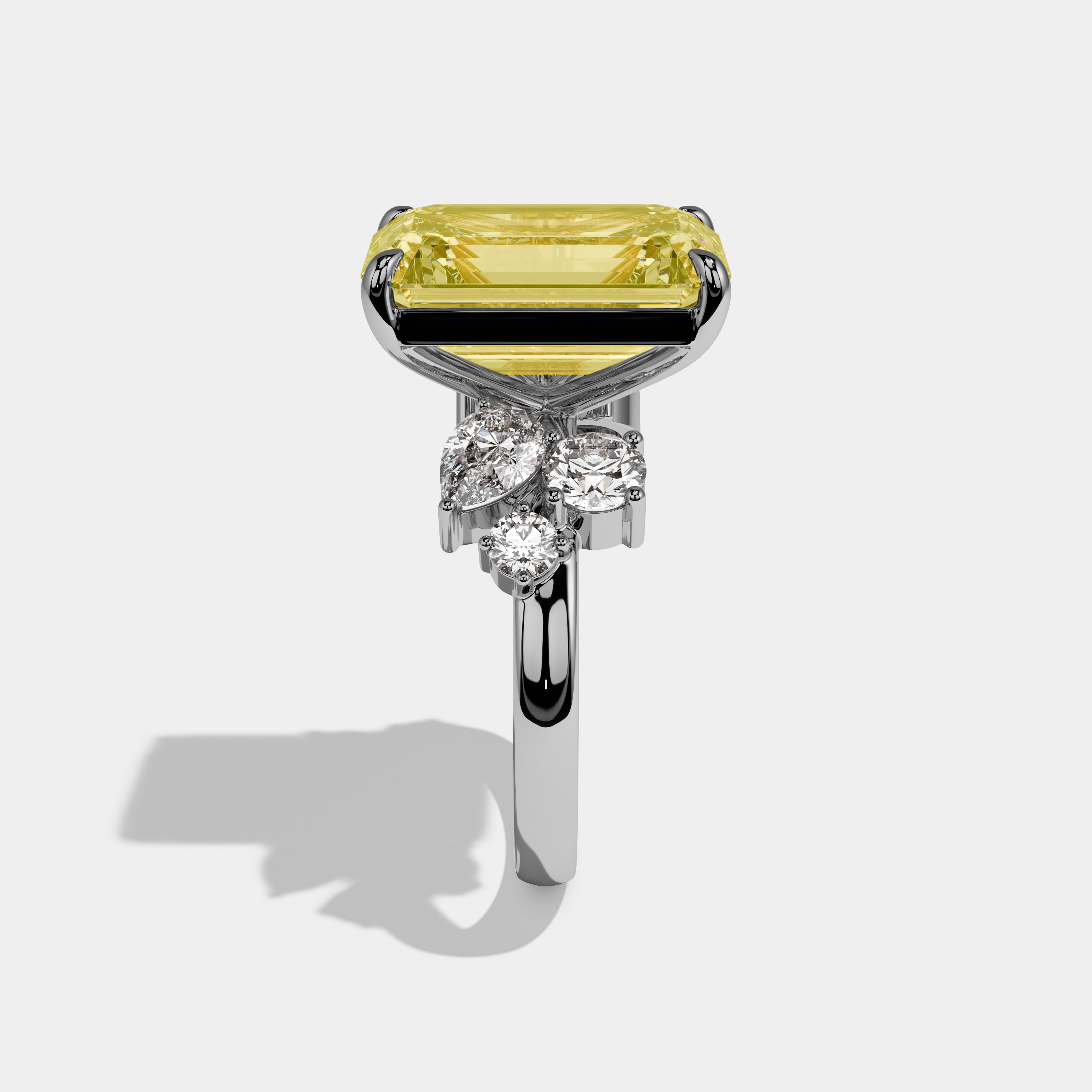 Louisa Fancy Yellow Emerald Cut Diamond Halo Band With Twin Pear Sides Engagement Ring 10ct 18k White Gold
