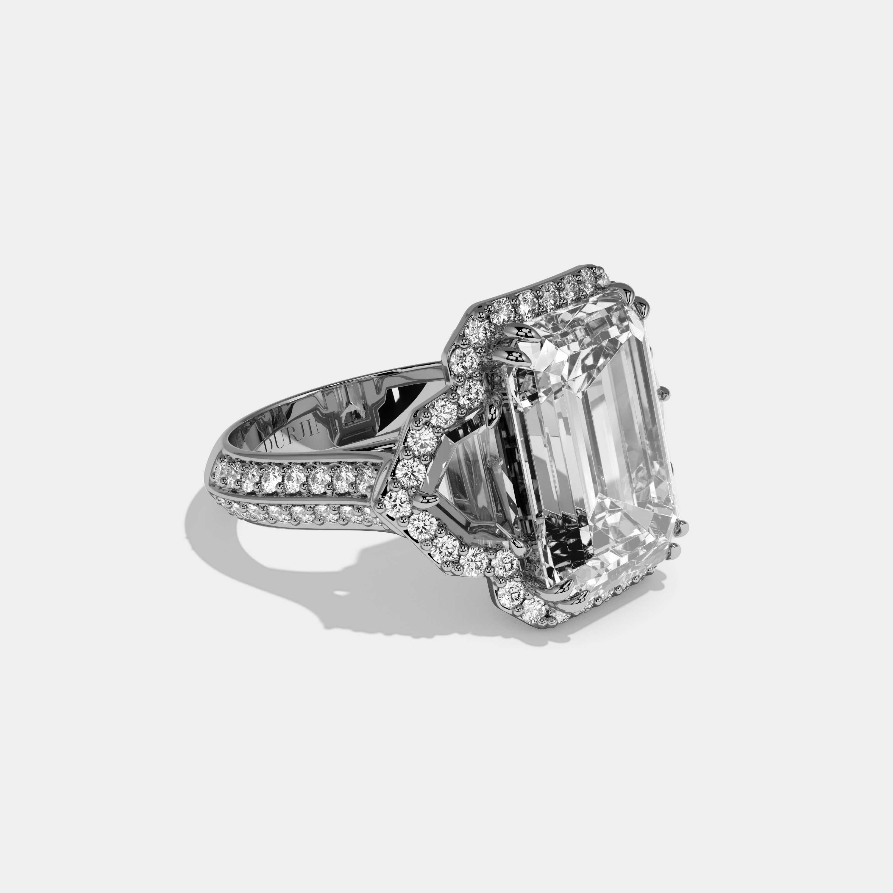 Amelia Emerald Cut Diamond Halo With Pentagon Sides Engagement Ring 10ct 18k White Gold
