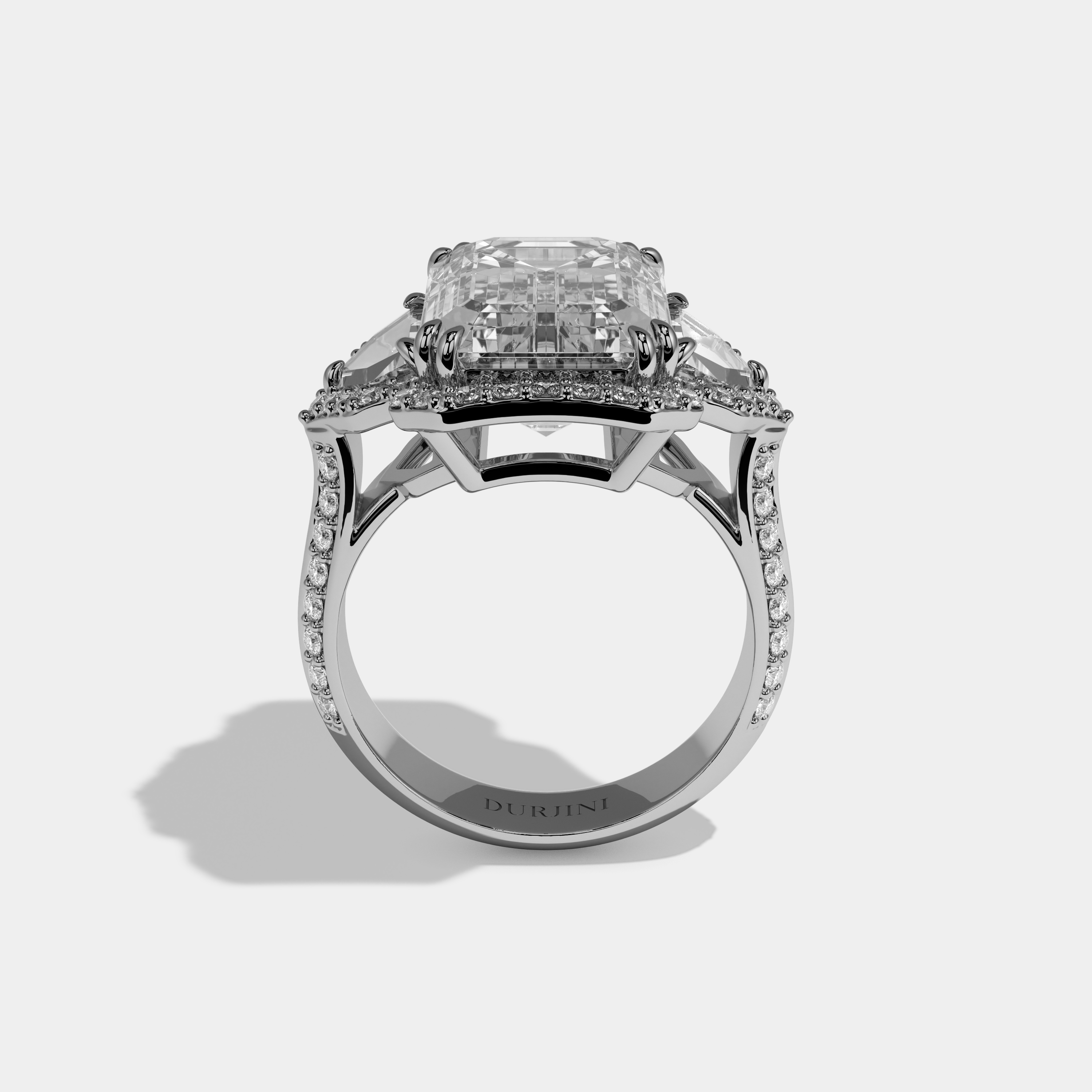 Amelia Emerald Cut Diamond Halo With Pentagon Sides Engagement Ring 10ct 18k White Gold