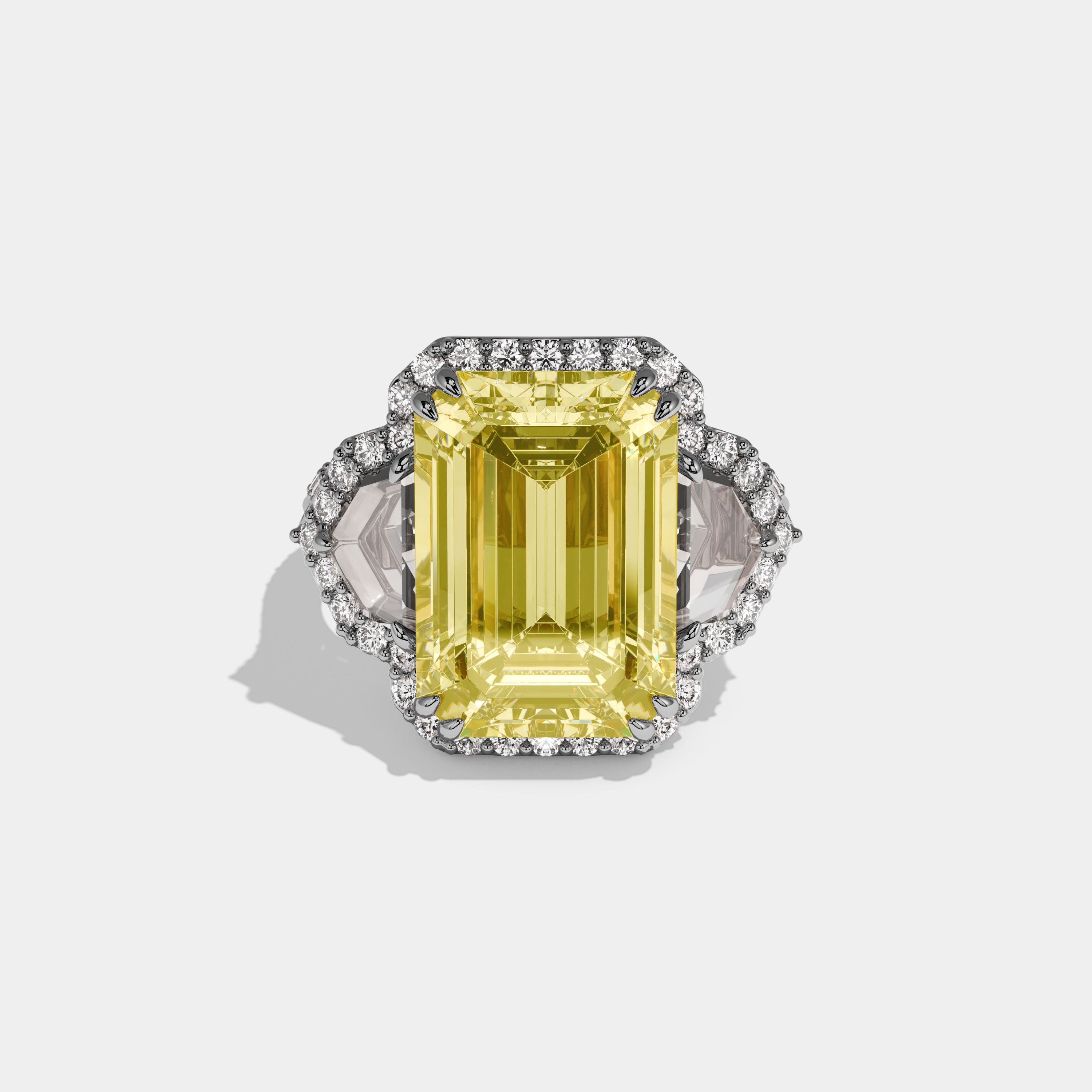 Amelia Fancy Yellow Emerald Cut Diamond Halo With Pentagon Sides Engagement Ring 10ct 18k White Gold