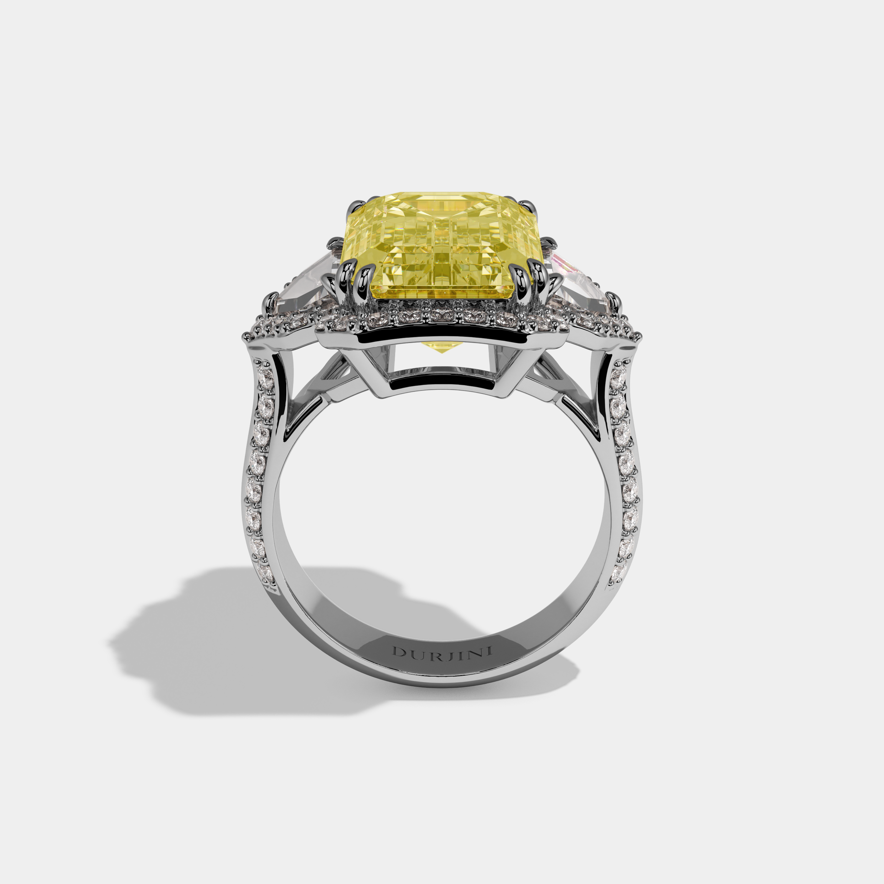 Amelia Fancy Yellow Emerald Cut Diamond Halo With Pentagon Sides Engagement Ring 10ct 18k White Gold