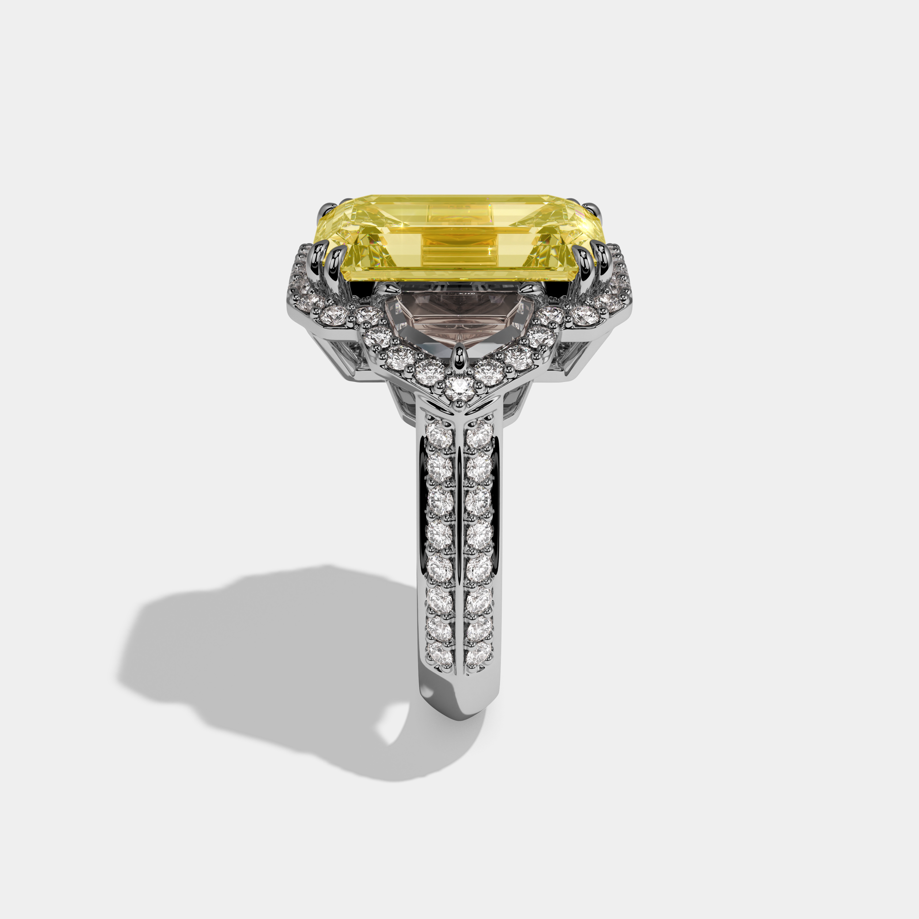 Amelia Fancy Yellow Emerald Cut Diamond Halo With Pentagon Sides Engagement Ring 10ct 18k White Gold