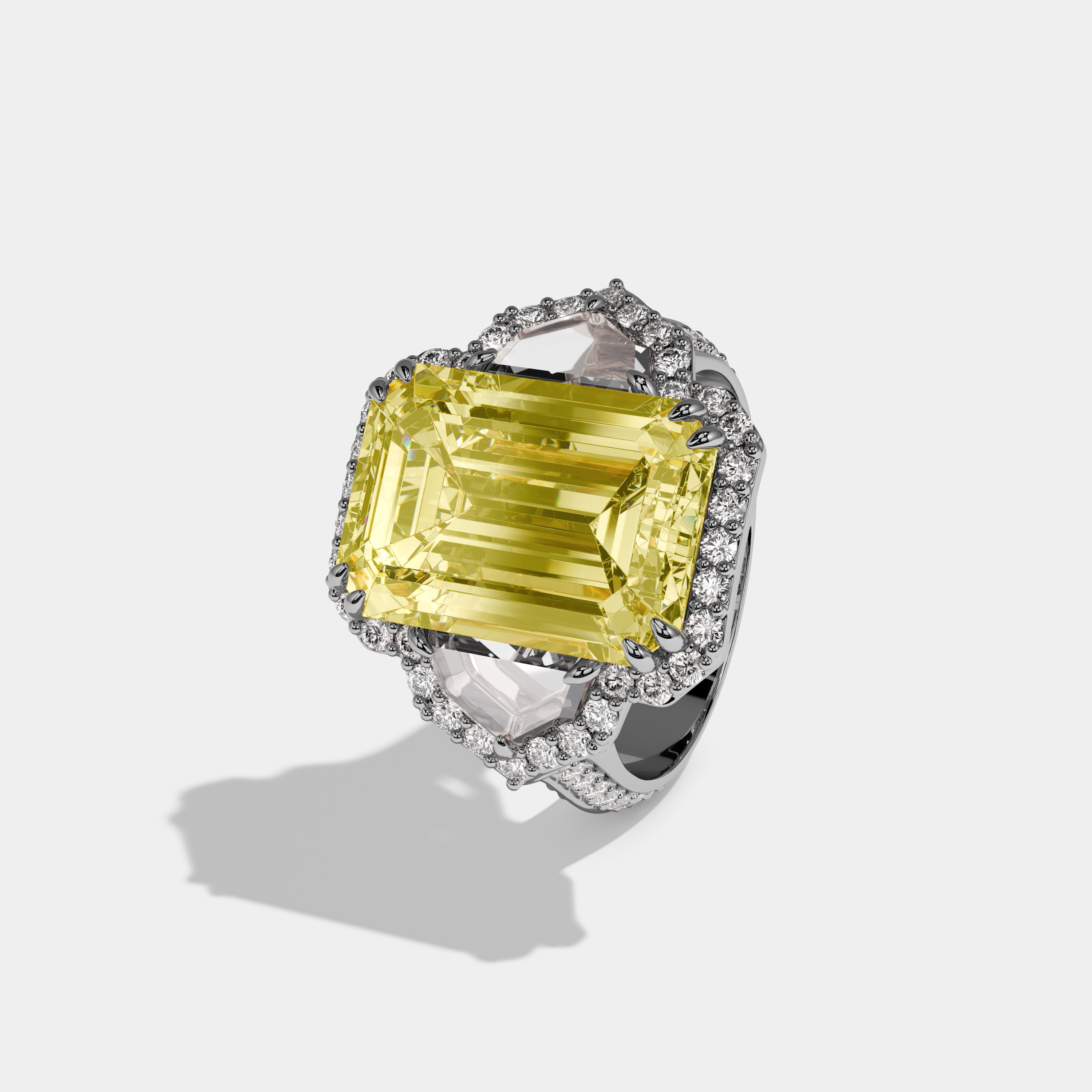 Amelia Fancy Yellow Emerald Cut Diamond Halo With Pentagon Sides Engagement Ring 10ct 18k White Gold