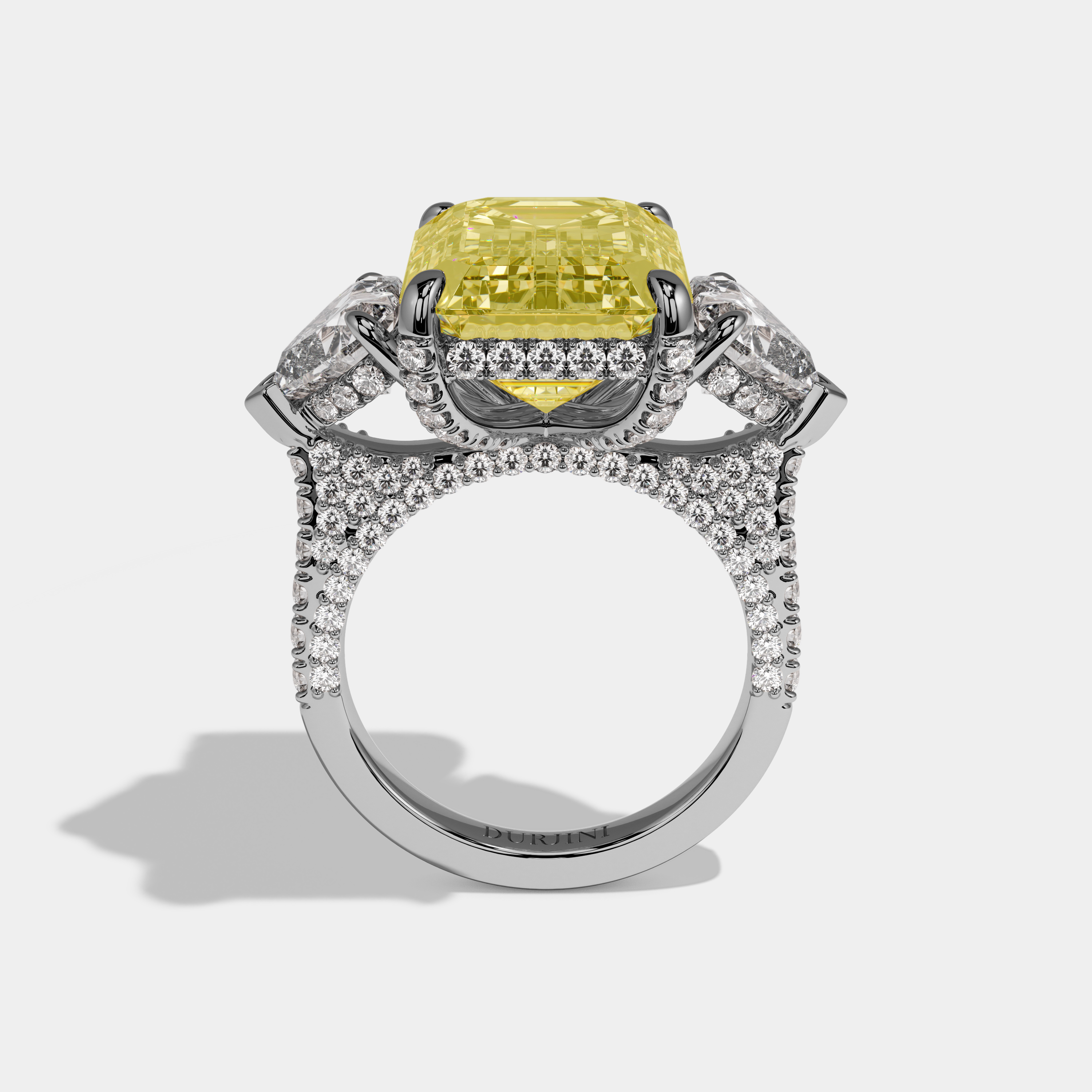 Margaret Fancy Yellow Emerald Cut Diamond Halo With Twin Heart Sides Engagement Ring 10ct 18K White Gold
