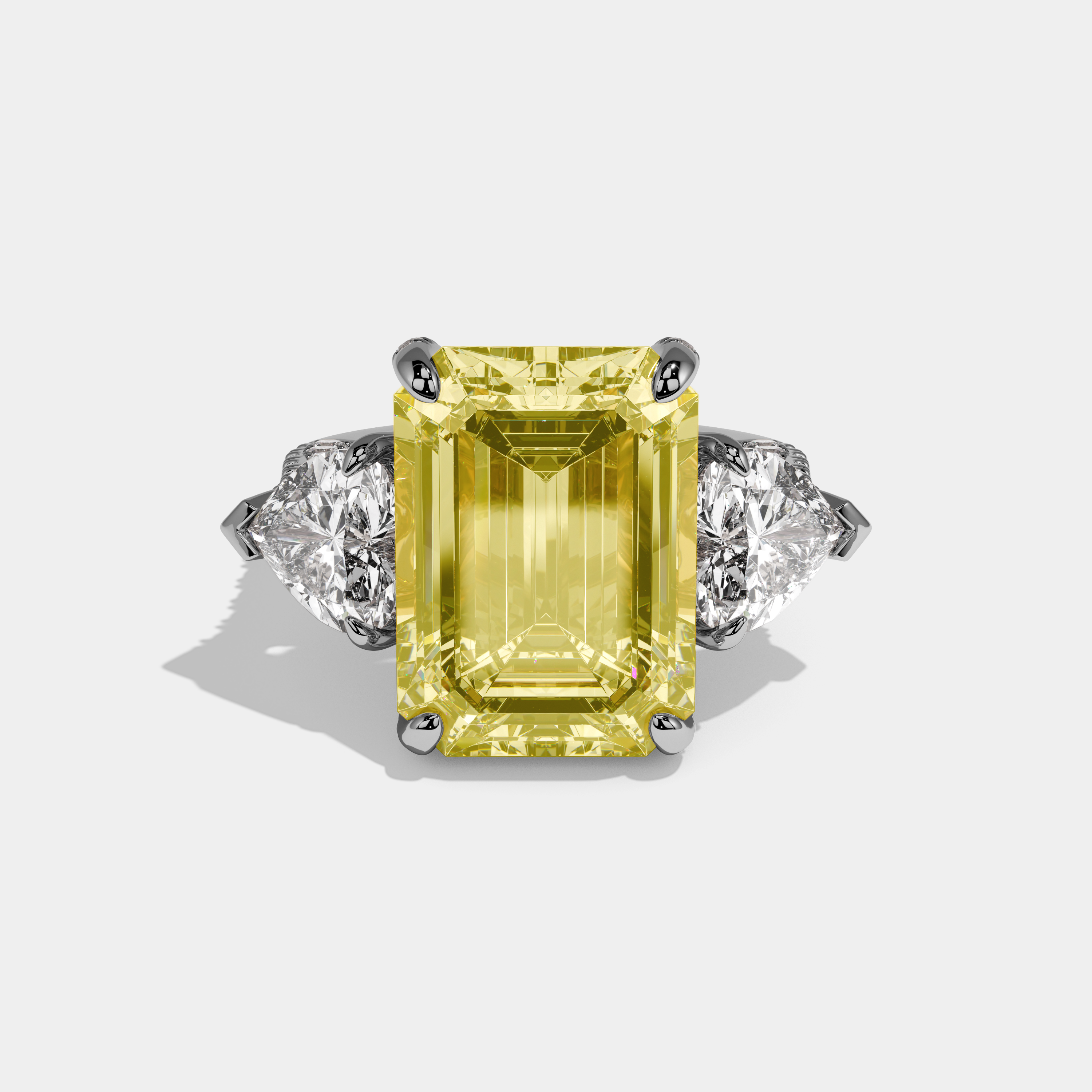 Juliet Fancy Yellow Emerald Cut Diamond Band With Heart Sides Engagement Ring 10ct 18k White Gold