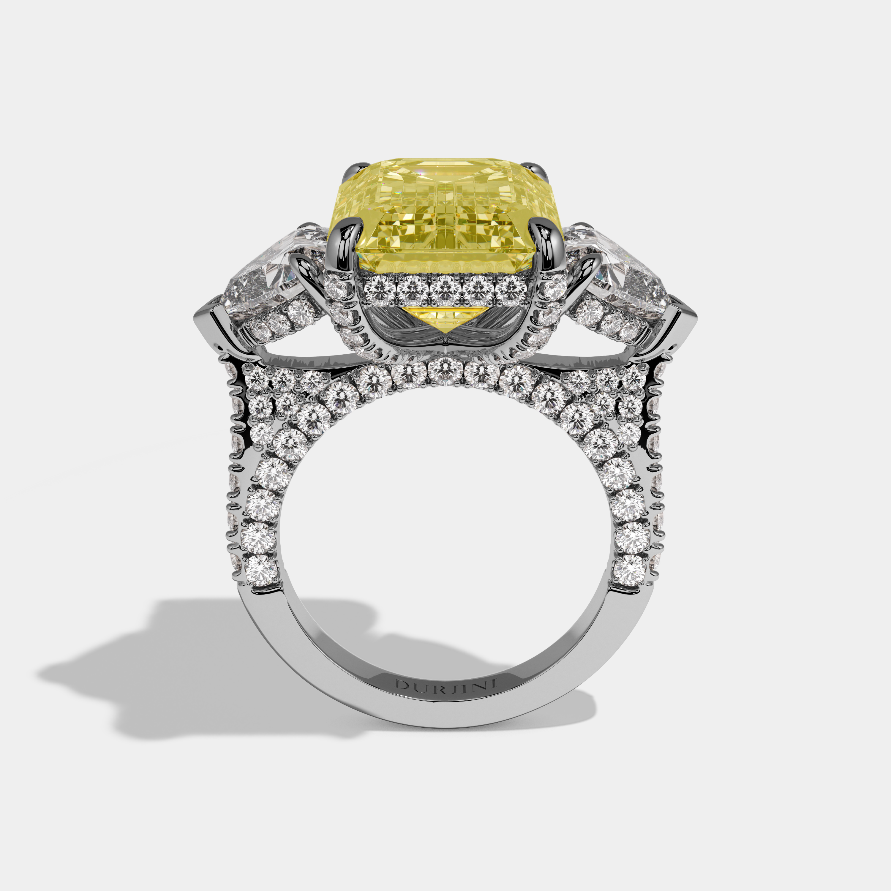 Juliet Fancy Yellow Emerald Cut Diamond Band With Heart Sides Engagement Ring 10ct 18k White Gold
