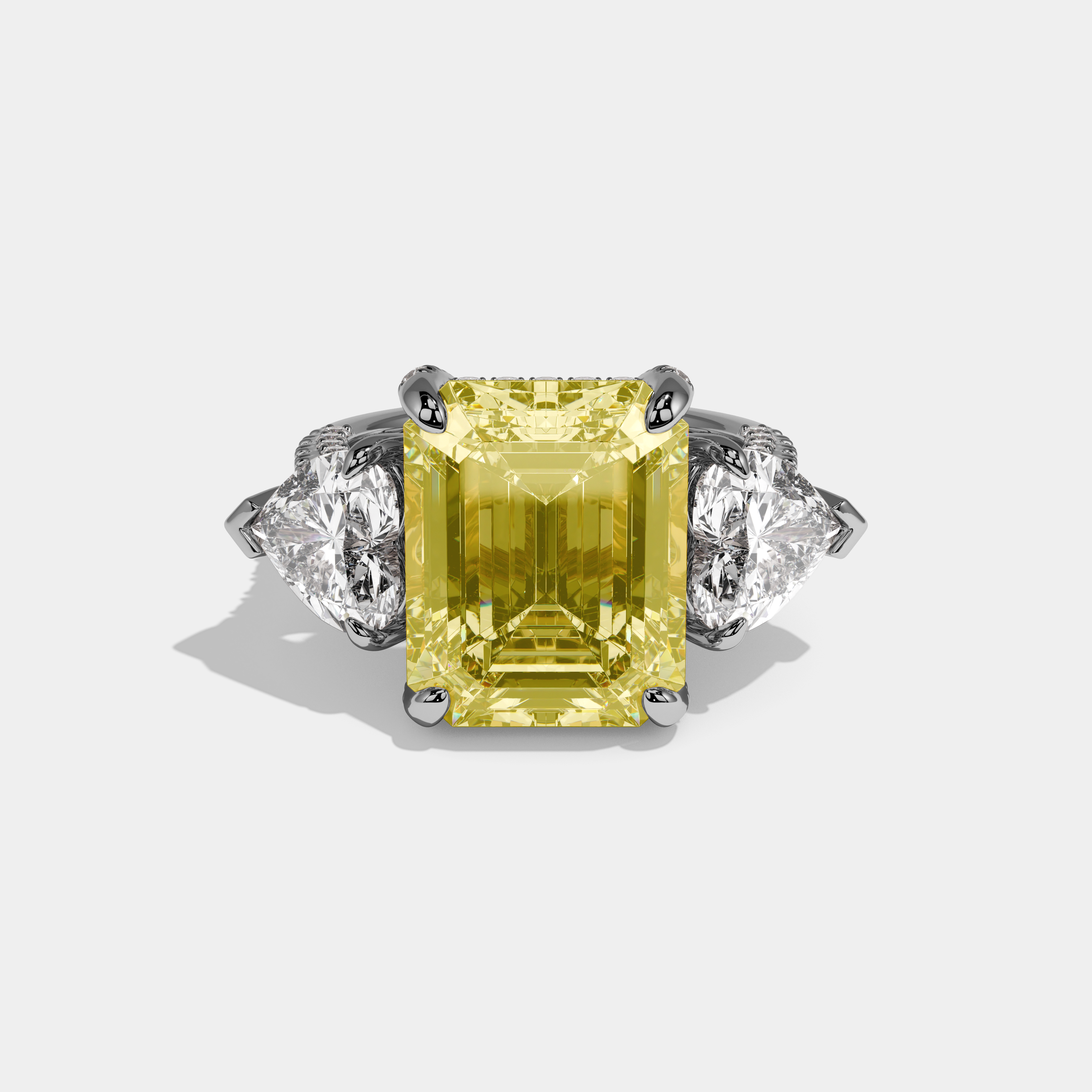 Veloria Fancy Yellow Emerald Cut Diamond Halo With Heart Sides & Diamond Band Engagement Ring 10ct 18k White Gold