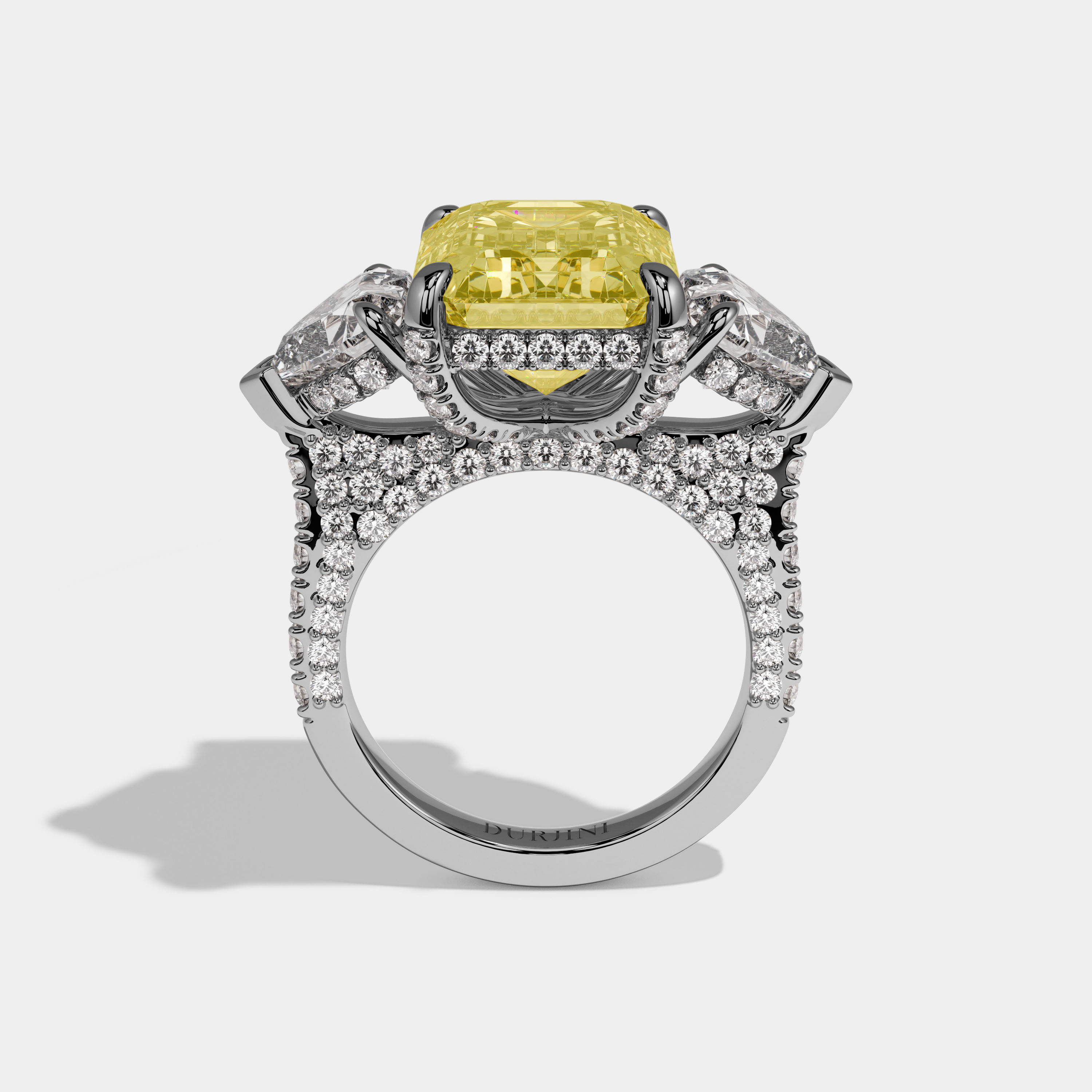 Veloria Fancy Yellow Emerald Cut Diamond Halo With Heart Sides & Diamond Band Engagement Ring 10ct 18k White Gold