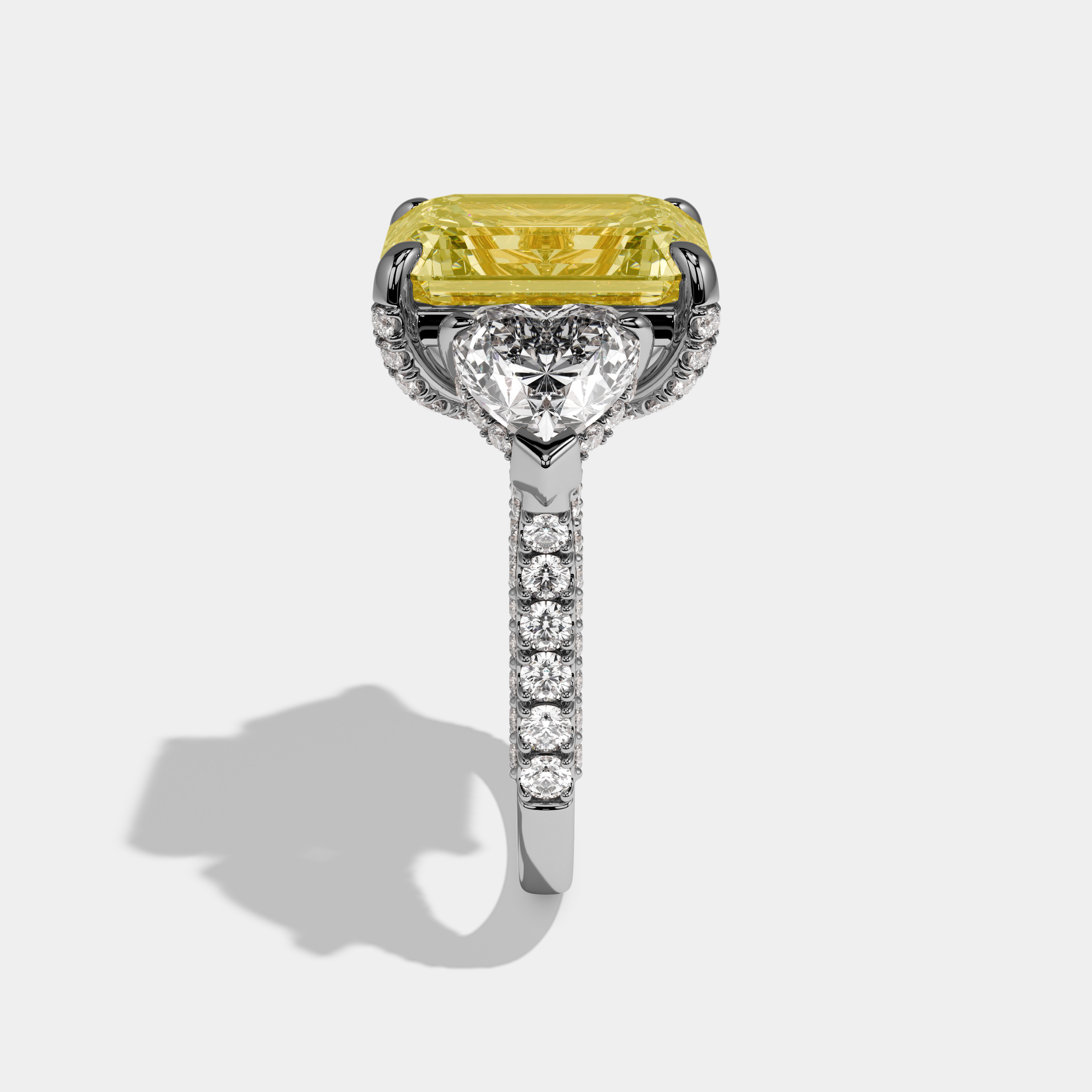 Veloria Fancy Yellow Emerald Cut Diamond Halo With Heart Sides & Diamond Band Engagement Ring 10ct 18k White Gold