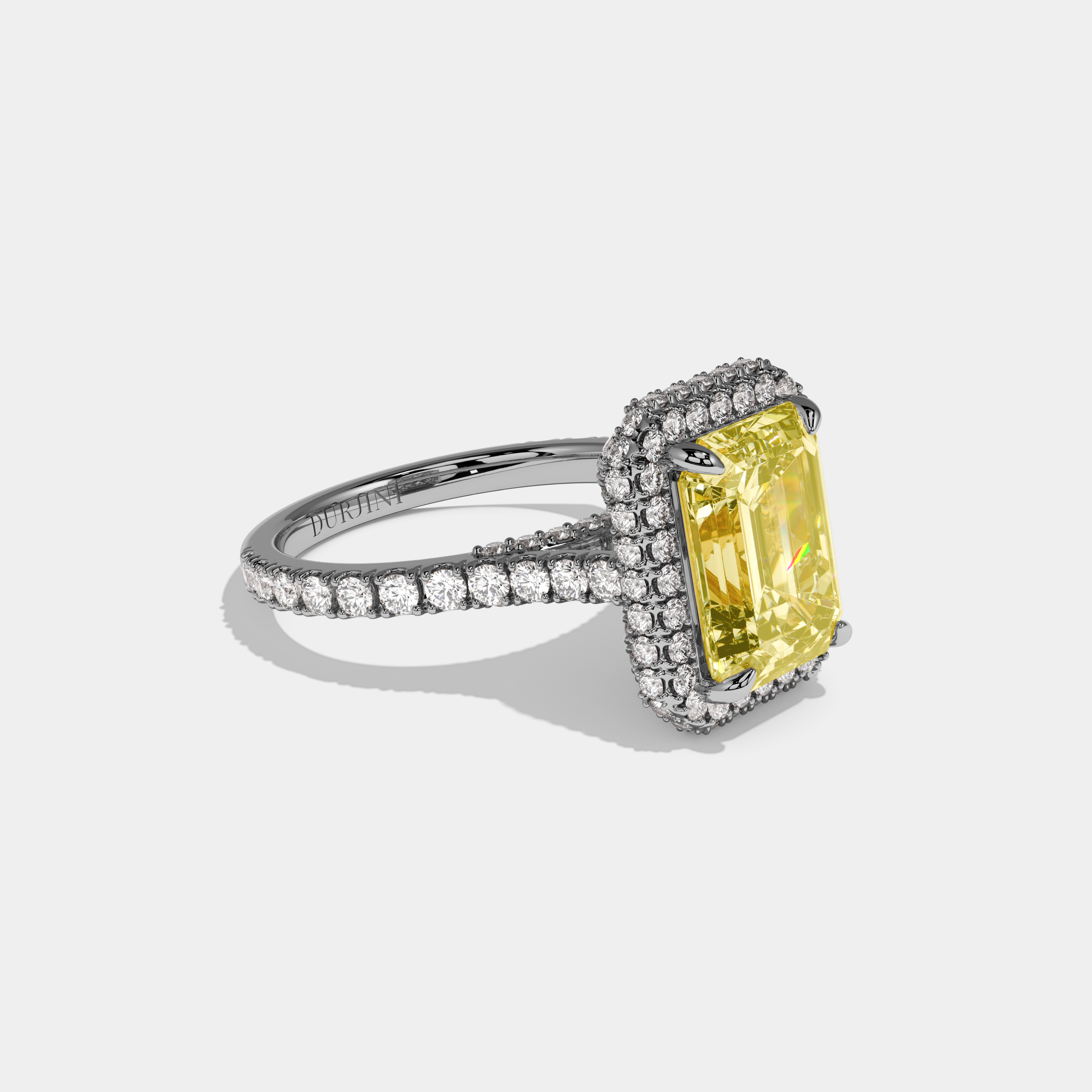 Valerose Fancy Yellow Emerald Cut Diamond Double Halo Band Engagement Ring 8ct 18k White Gold