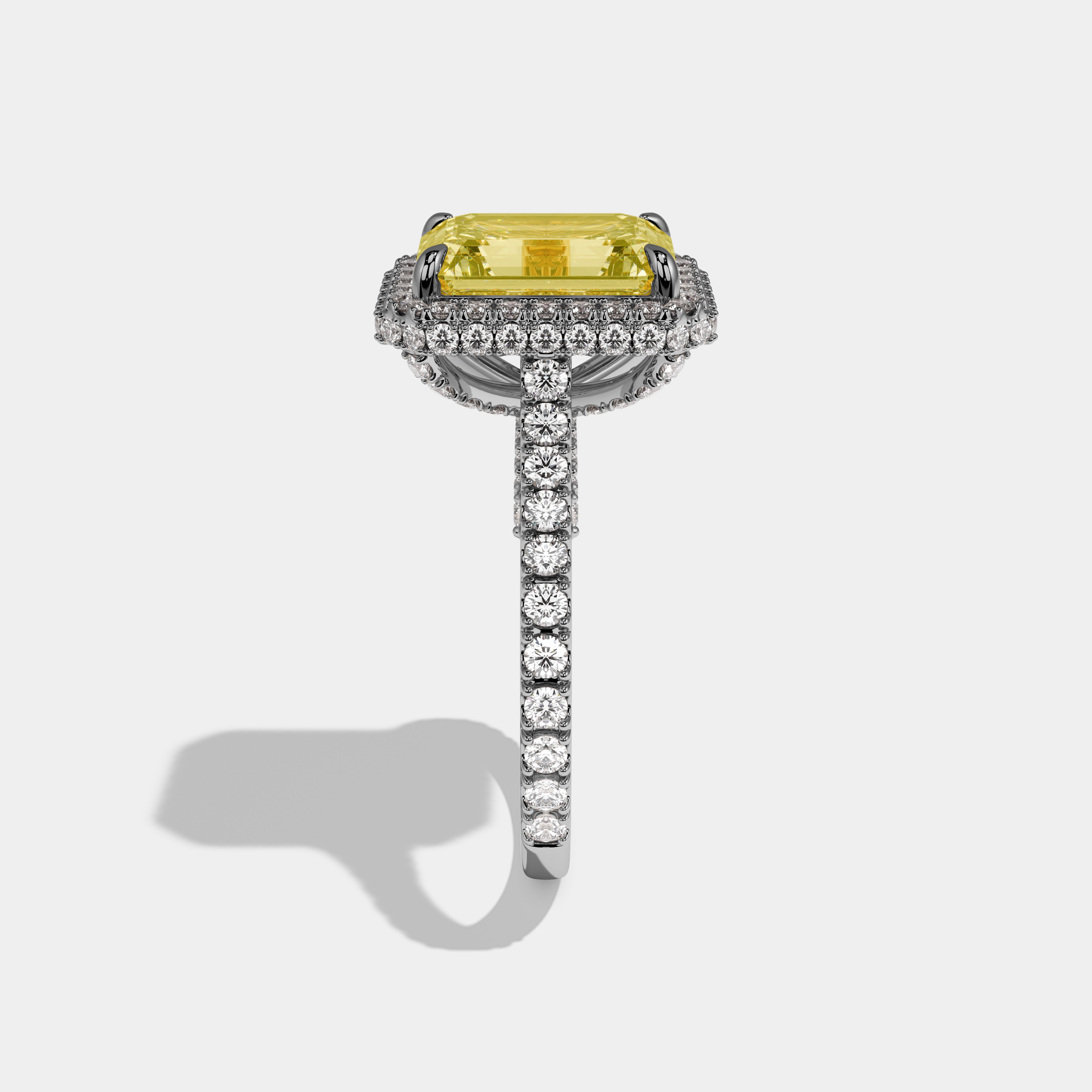 Valerose Fancy Yellow Emerald Cut Diamond Double Halo Band Engagement Ring 8ct 18k White Gold