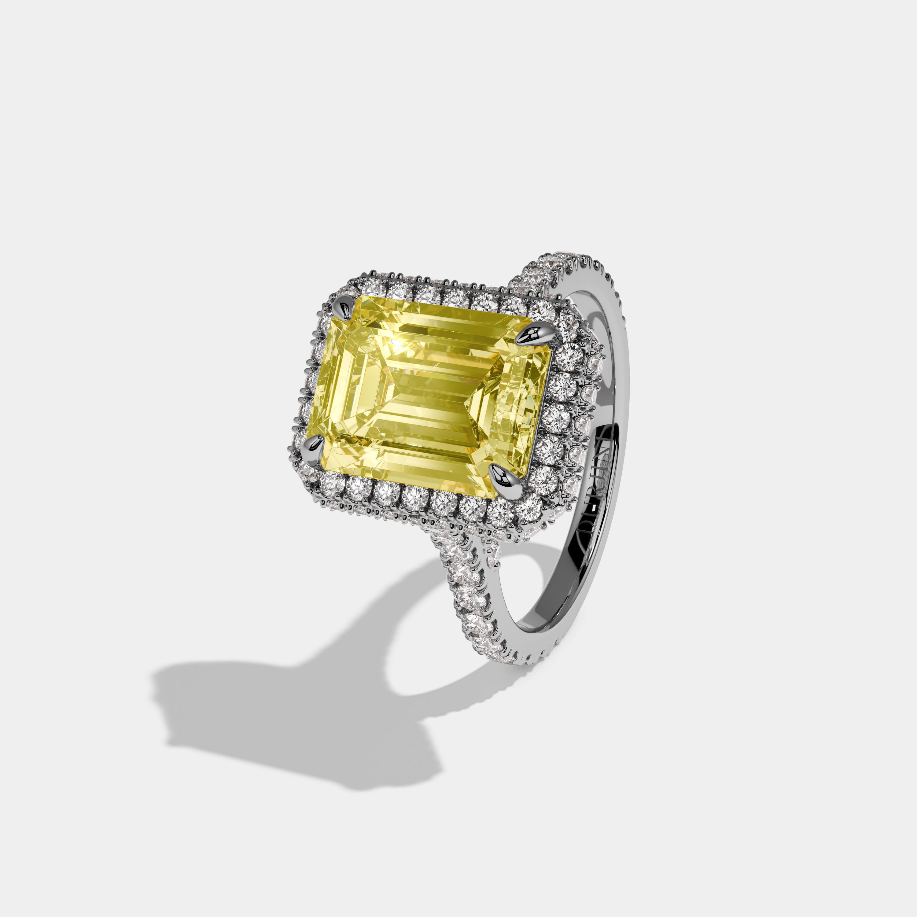 Valerose Fancy Yellow Emerald Cut Diamond Double Halo Band Engagement Ring 8ct 18k White Gold