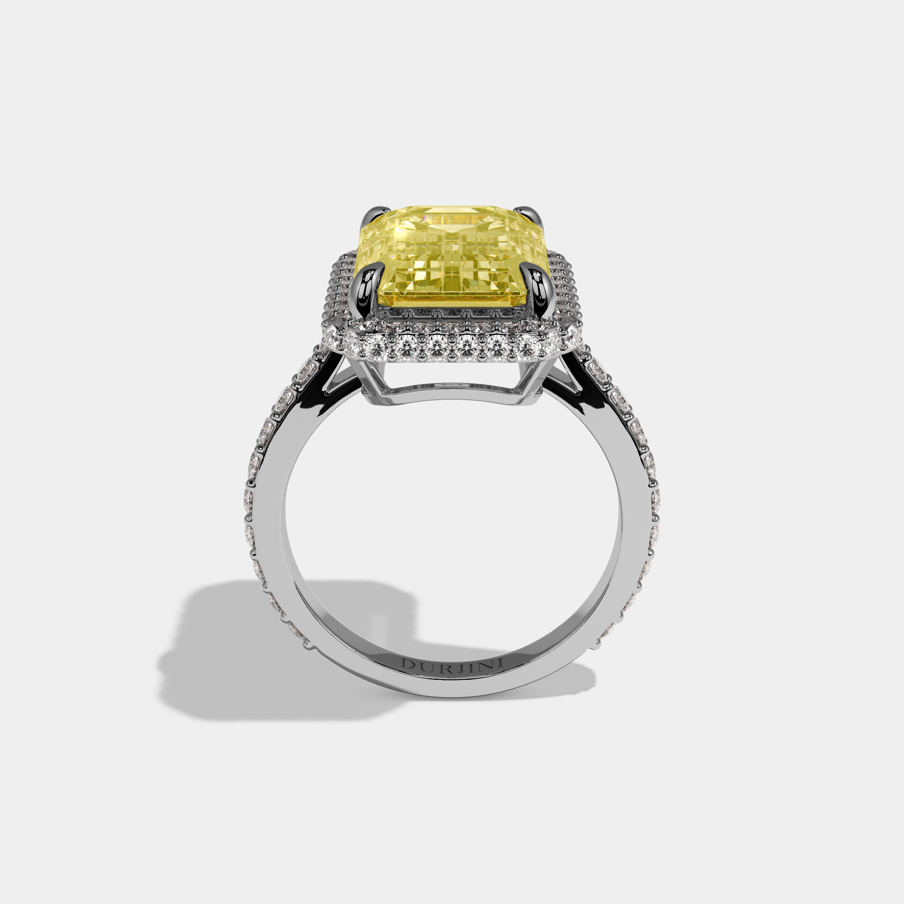 Louisa Fancy Yellow Emerald Cut Diamond Halo Band Engagement Ring 10ct 18k White Gold
