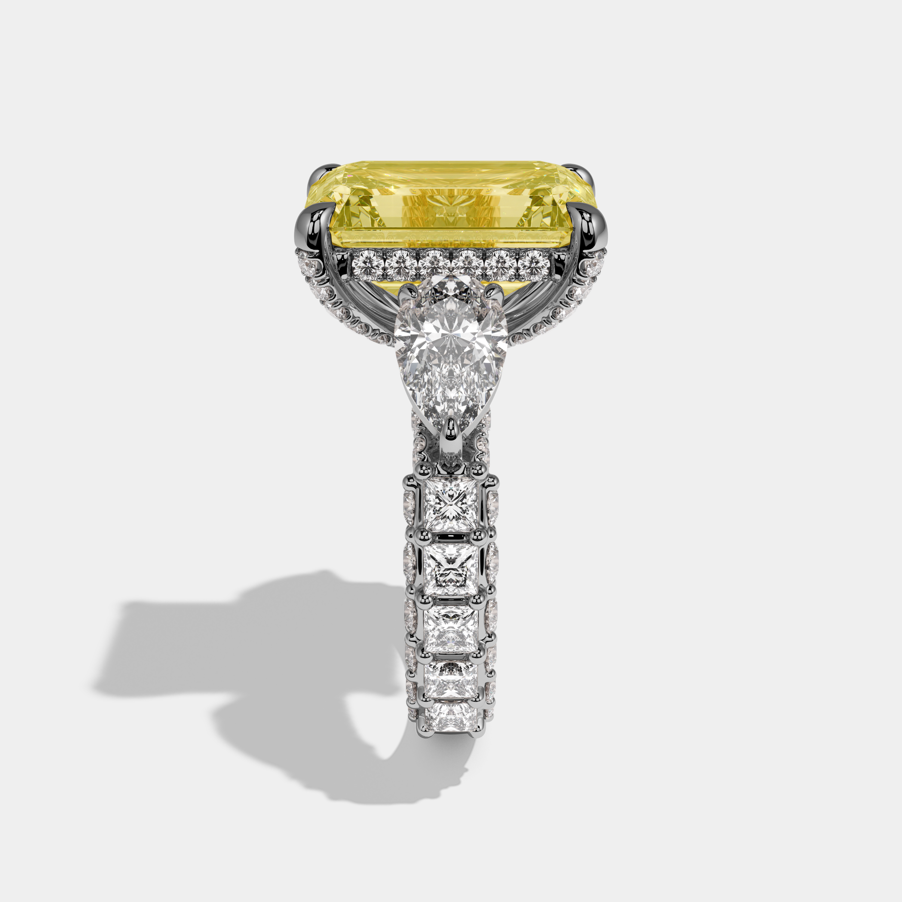 Francesca Fancy Yellow Emerald Cut Diamond Princess Band With Pear Sides Engagement Ring 10ct 18k White Gold