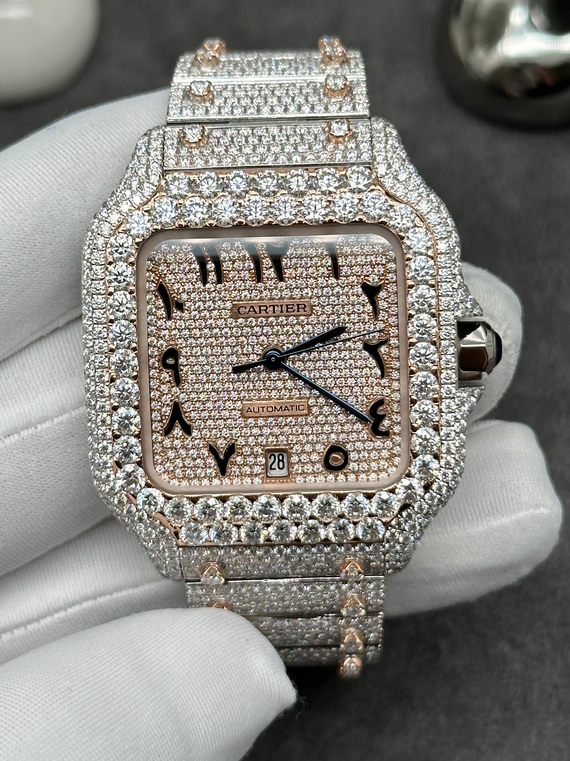 Cartier Santos Automatic XL Stainless Steel Gold 2-Tone 4072 Custom ICED OUT Diamonds Bezel Dial Bracelet Arabic