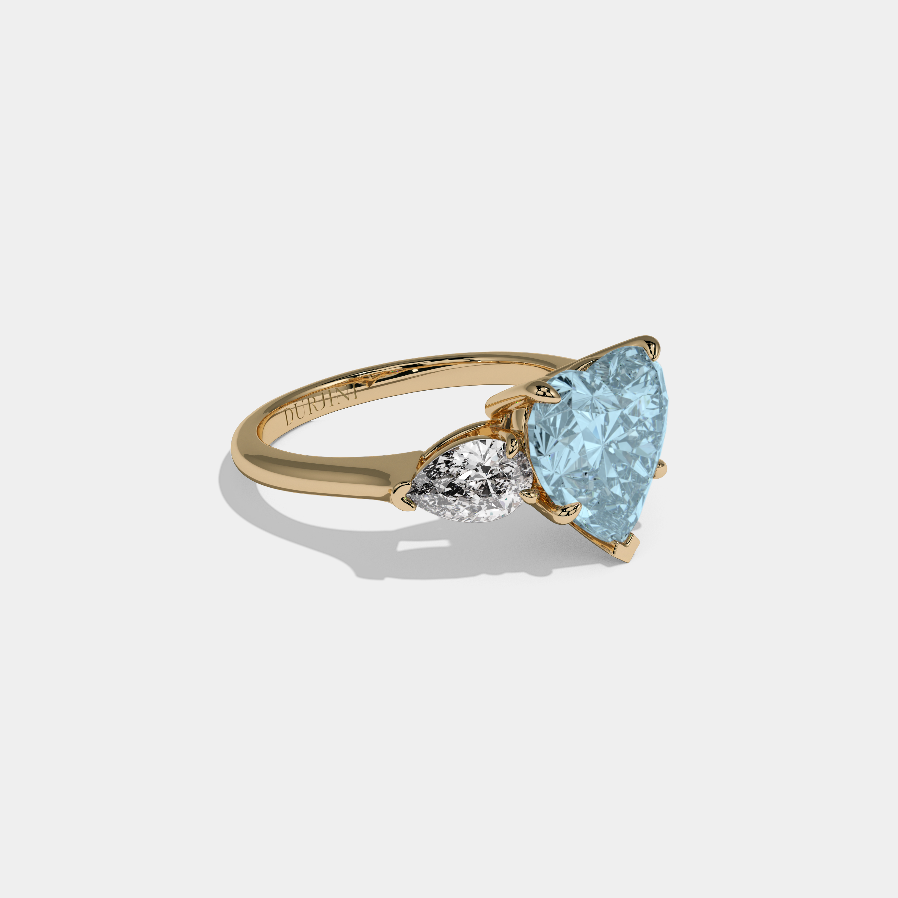 Caroline Fancy Light Blue Heart Cut Diamond Plain Band With Pear Cut Sides Engagement Ring 8ct 18K Yellow Gold