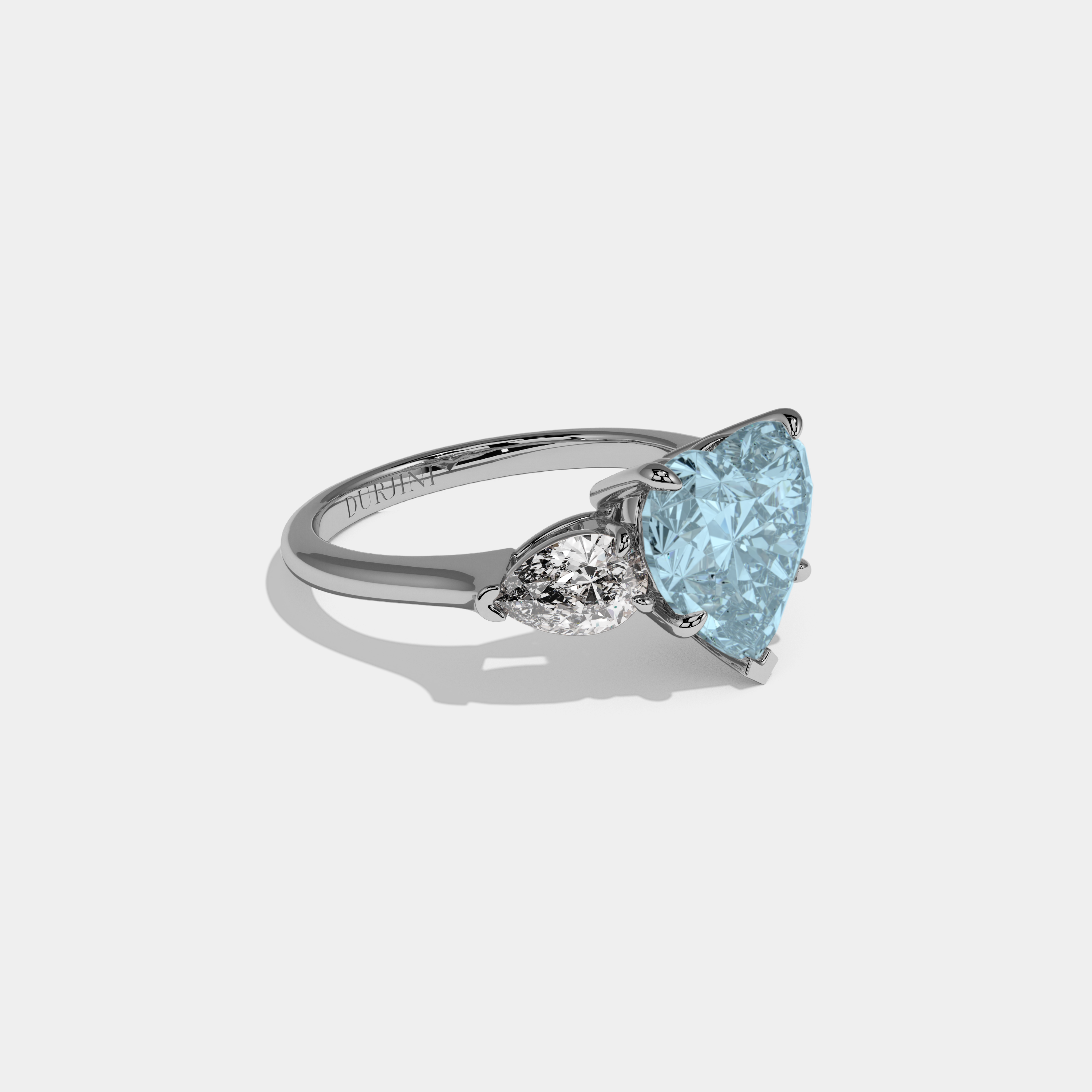 Margaret Fancy Light Blue Heart Cut Diamond Plain Band With Pear Cut Sides Engagement Ring 8ct 18K White Gold