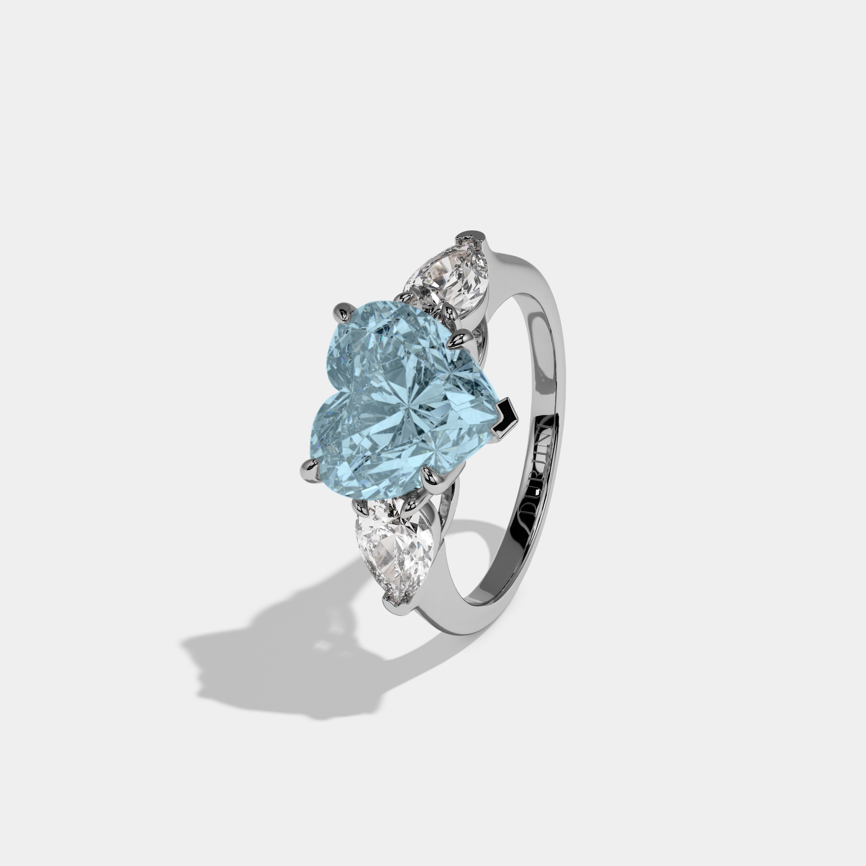 Margaret Fancy Light Blue Heart Cut Diamond Plain Band With Pear Cut Sides Engagement Ring 8ct 18K White Gold