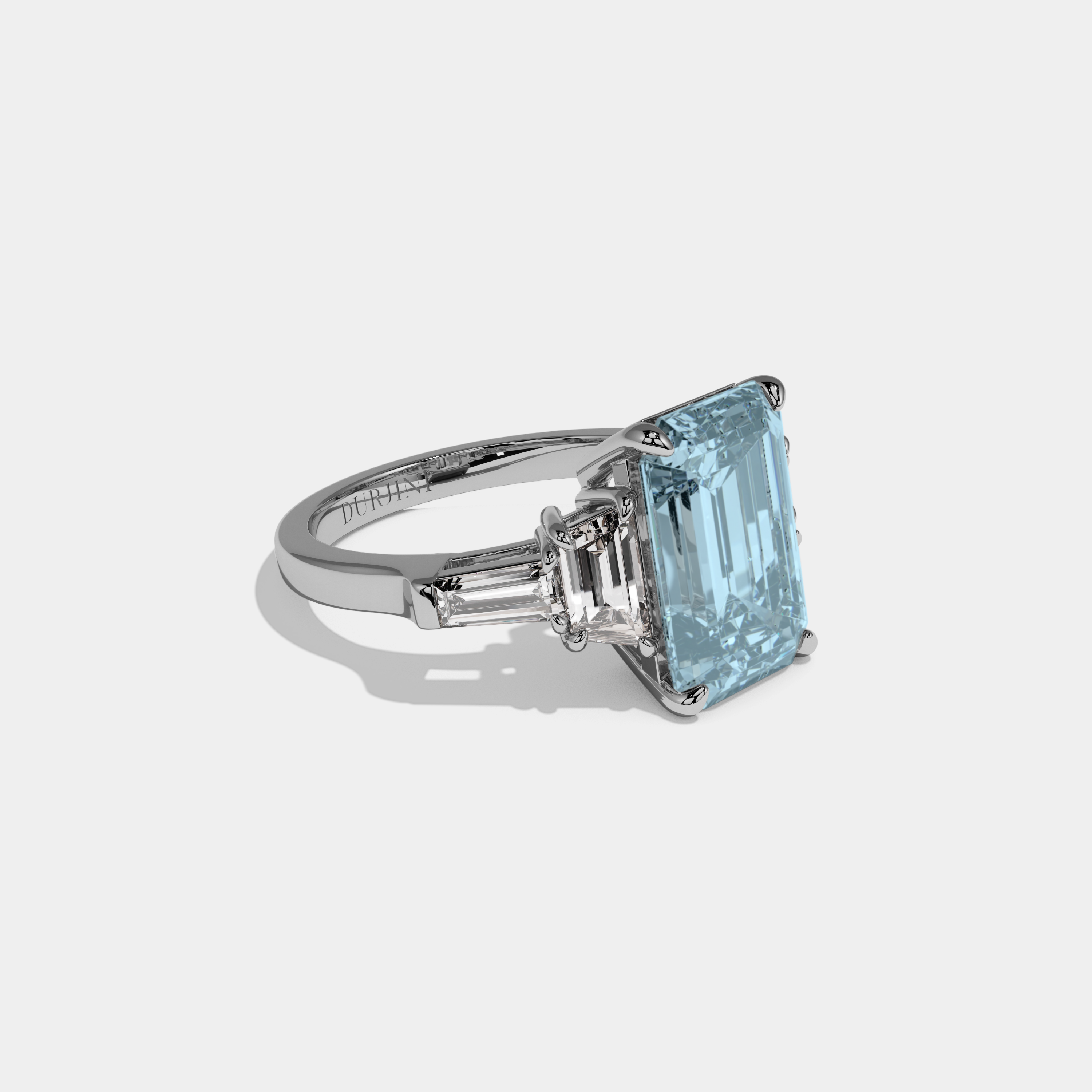 Margaret Fancy Light Blue Emerald Cut Diamond Plain Band With Step Cut Sides Engagement Ring 8ct 18K White Gold