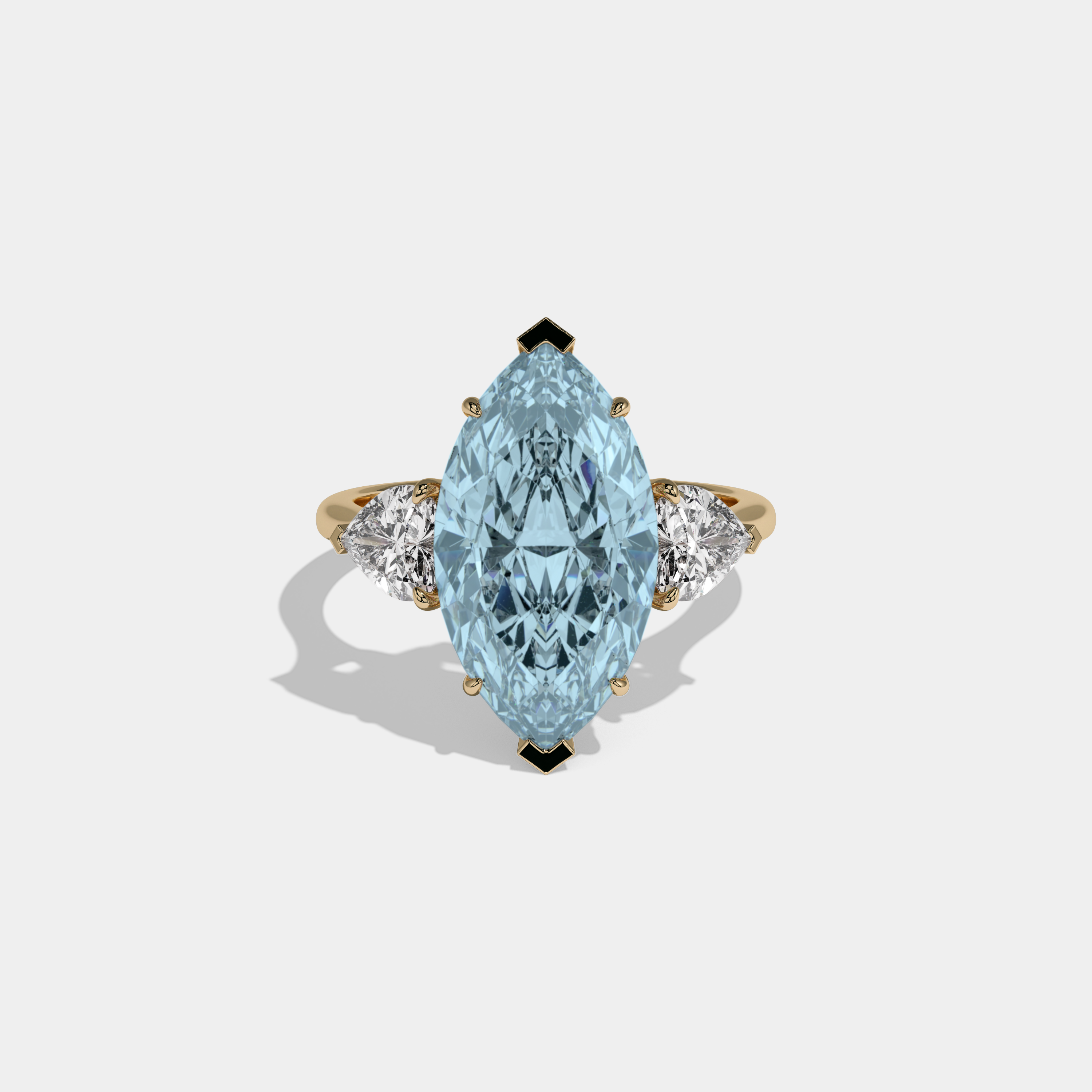 Caroline Fancy Light Blue Marquise Cut Diamond Plain Band With Heart Cut Sides Engagement Ring 8ct 18K Yellow Gold