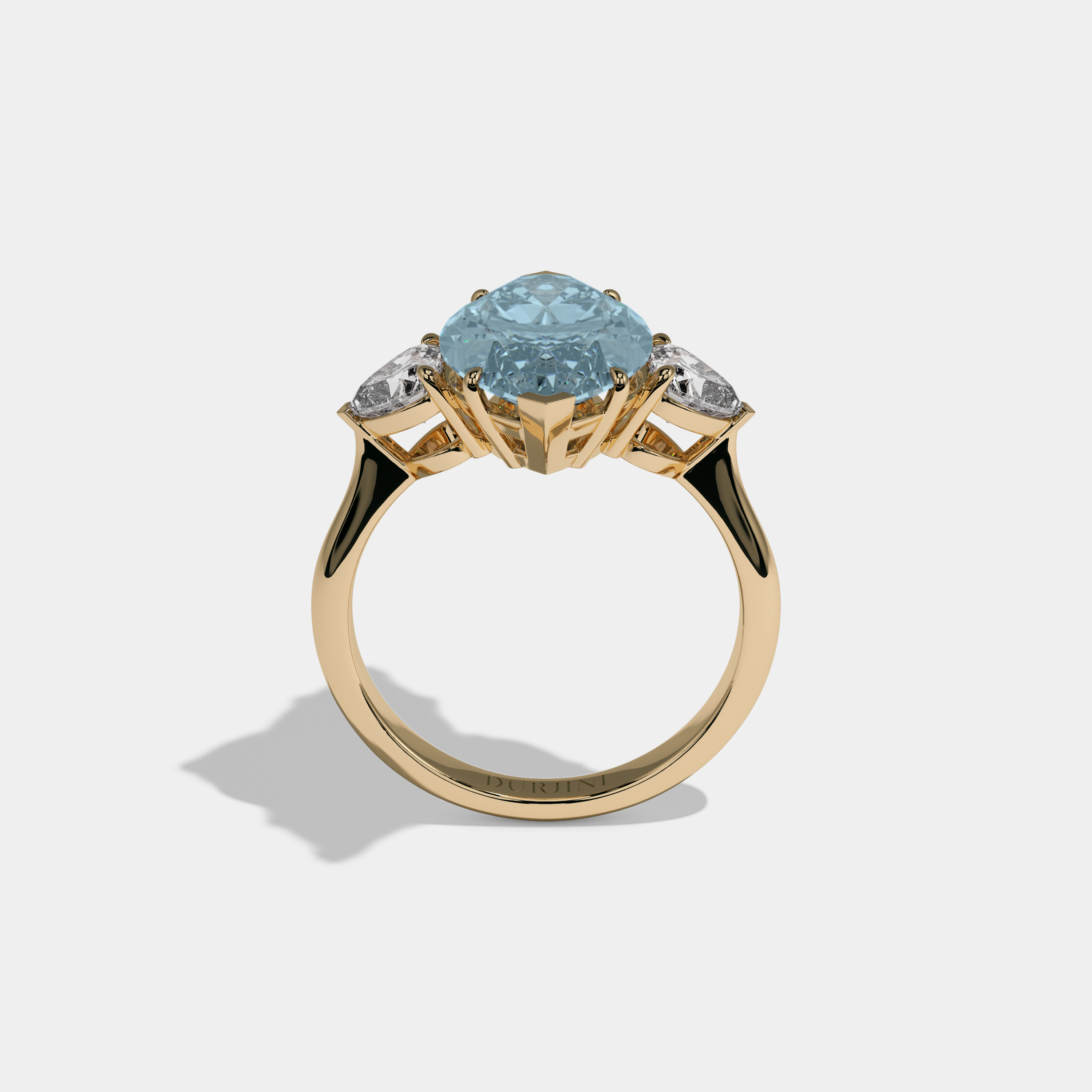 Caroline Fancy Light Blue Marquise Cut Diamond Plain Band With Heart Cut Sides Engagement Ring 8ct 18K Yellow Gold