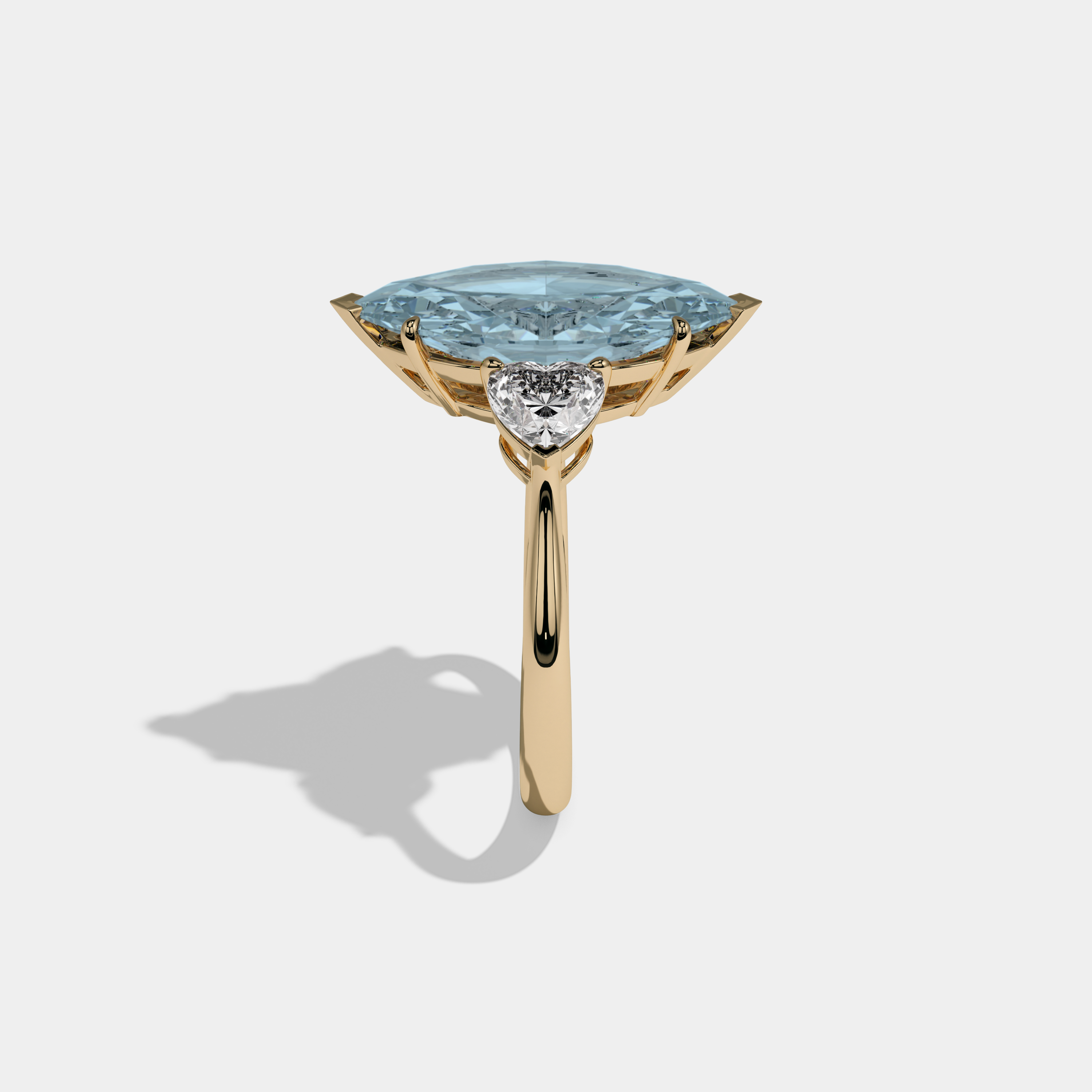 Caroline Fancy Light Blue Marquise Cut Diamond Plain Band With Heart Cut Sides Engagement Ring 8ct 18K Yellow Gold