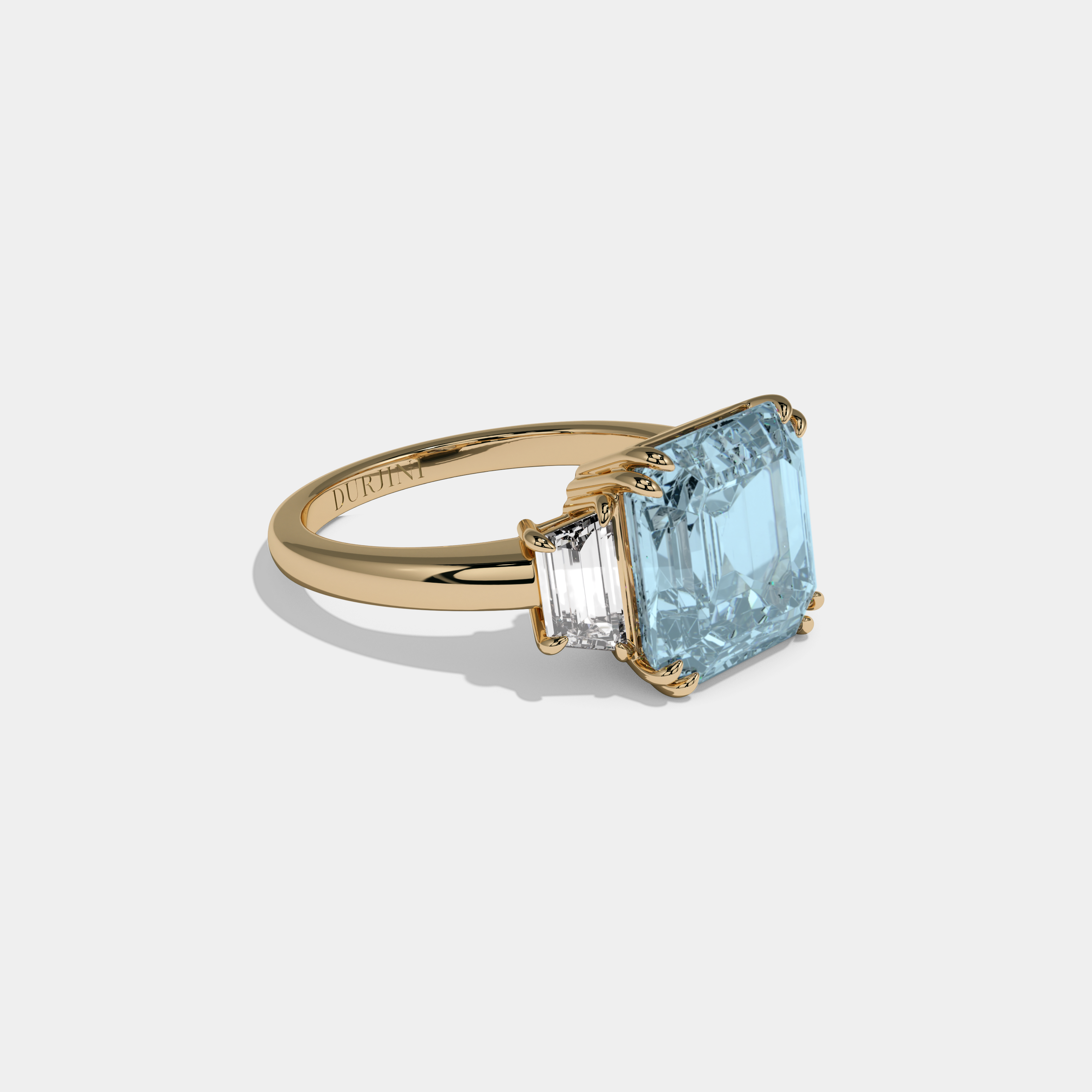 Caroline Fancy Light Blue Asscher Cut Diamond Plain Band With Step Cut Sides Engagement Ring 8ct 18K Yellow Gold