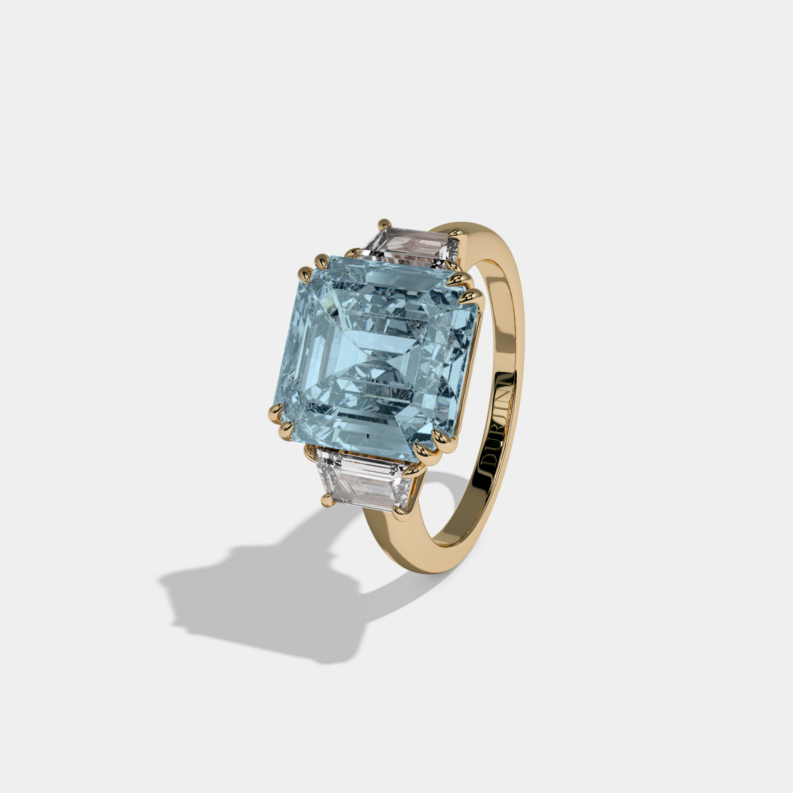 Caroline Fancy Light Blue Asscher Cut Diamond Plain Band With Step Cut Sides Engagement Ring 8ct 18K Yellow Gold
