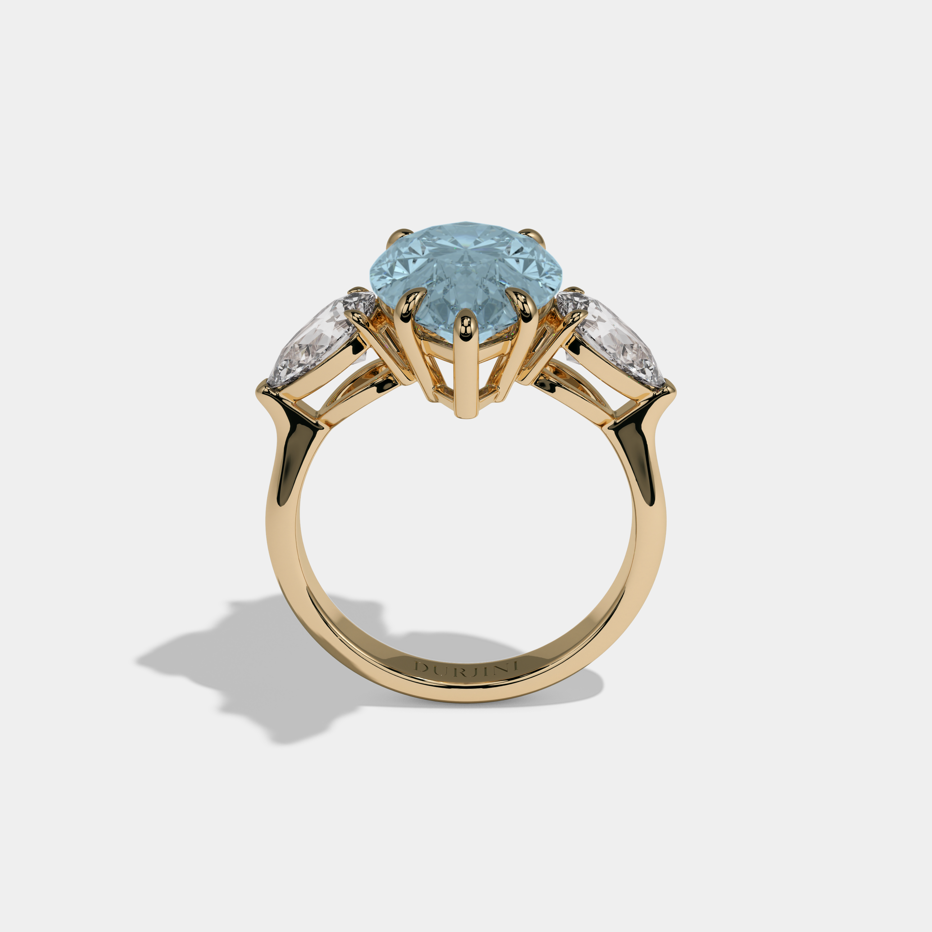 Alice Fancy Light Blue Pear Cut Diamond Plain Band With Pear Cut Sides Engagement Ring 8ct 18k Yellow Gold