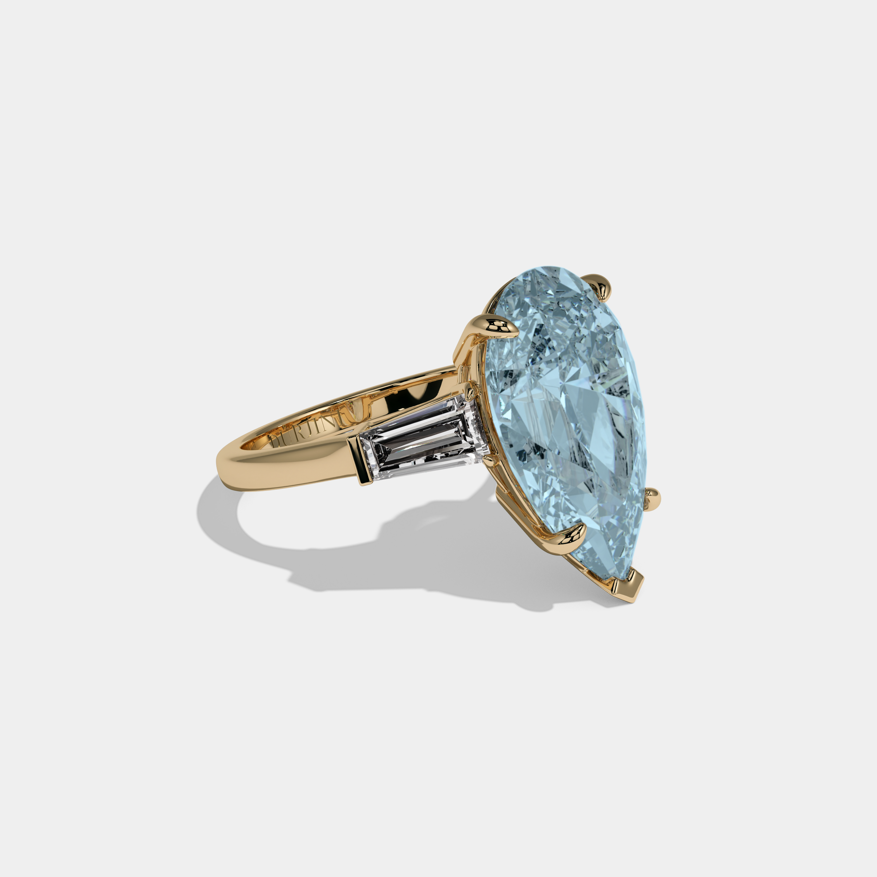 Alice Fancy Light Blue Pear Cut Diamond Plain Band With Baguette Cut Sides Engagement Ring 8ct 18k Yellow Gold