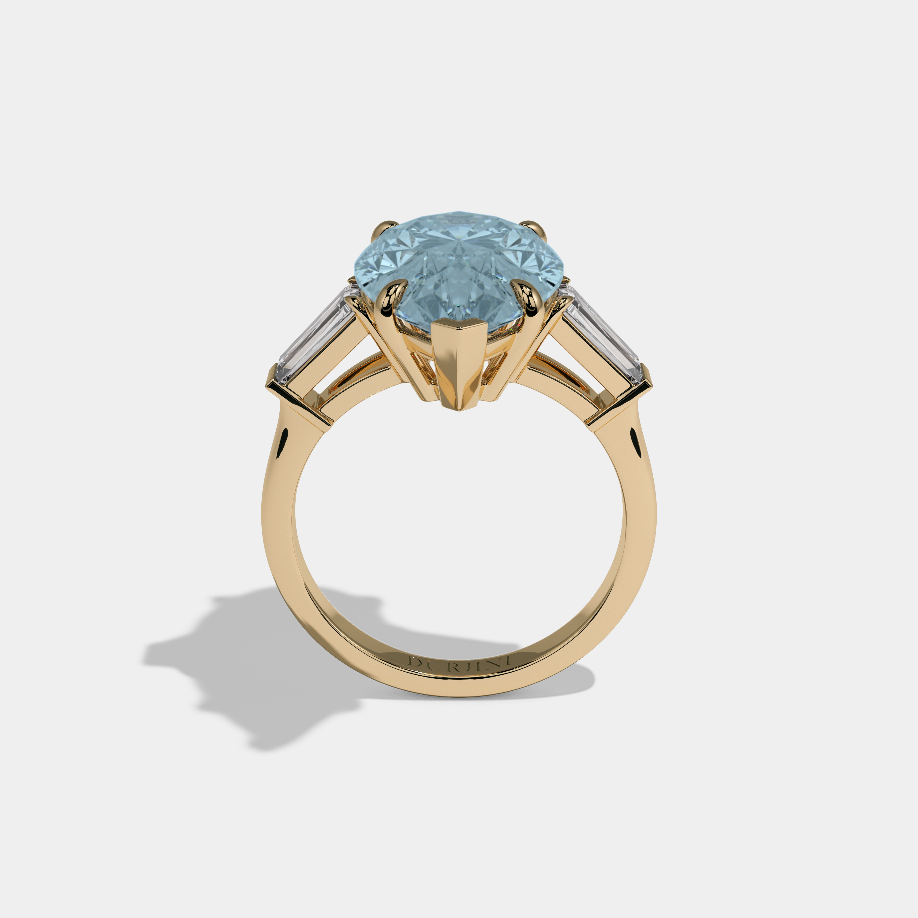 Alice Fancy Light Blue Pear Cut Diamond Plain Band With Baguette Cut Sides Engagement Ring 8ct 18k Yellow Gold