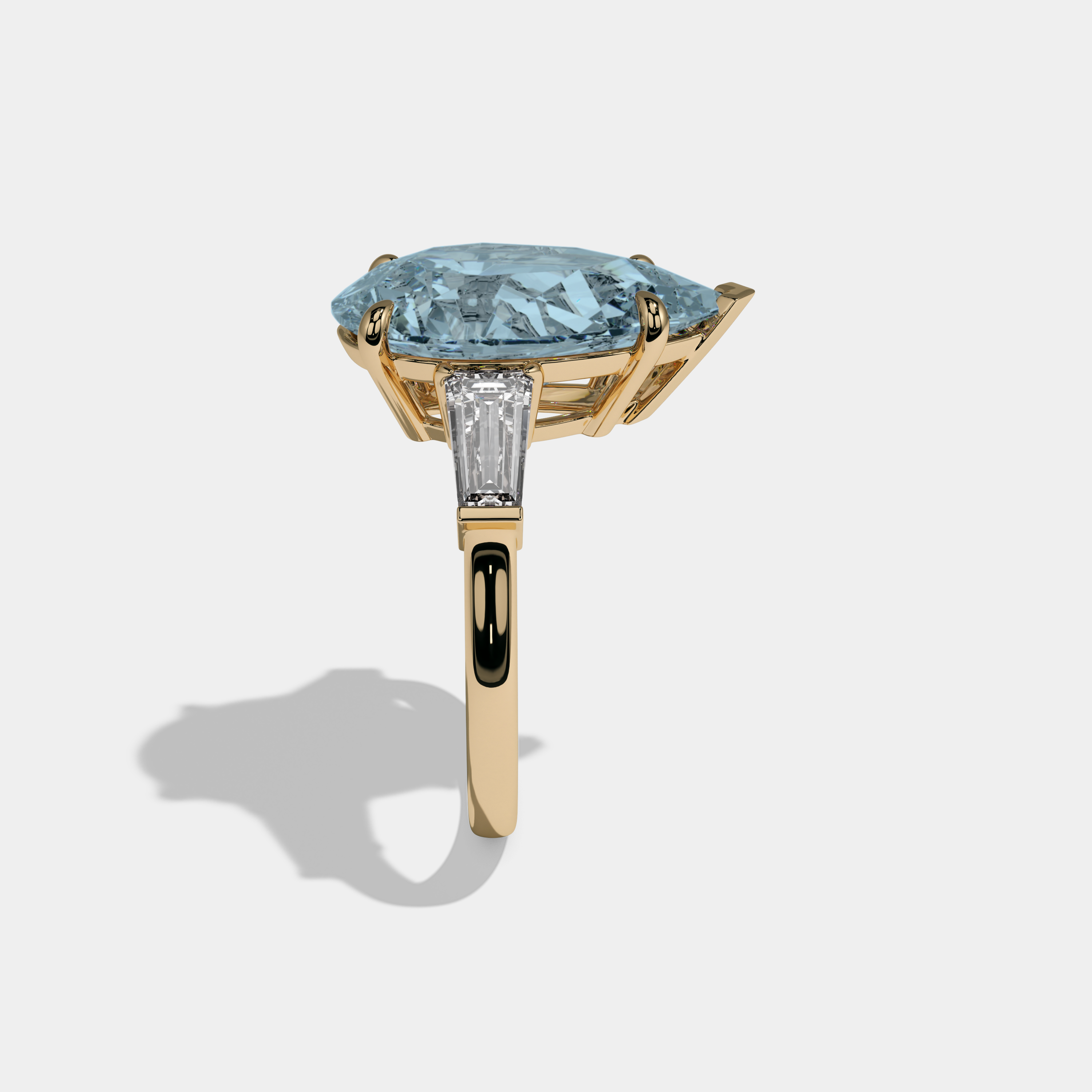 Alice Fancy Light Blue Pear Cut Diamond Plain Band With Baguette Cut Sides Engagement Ring 8ct 18k Yellow Gold