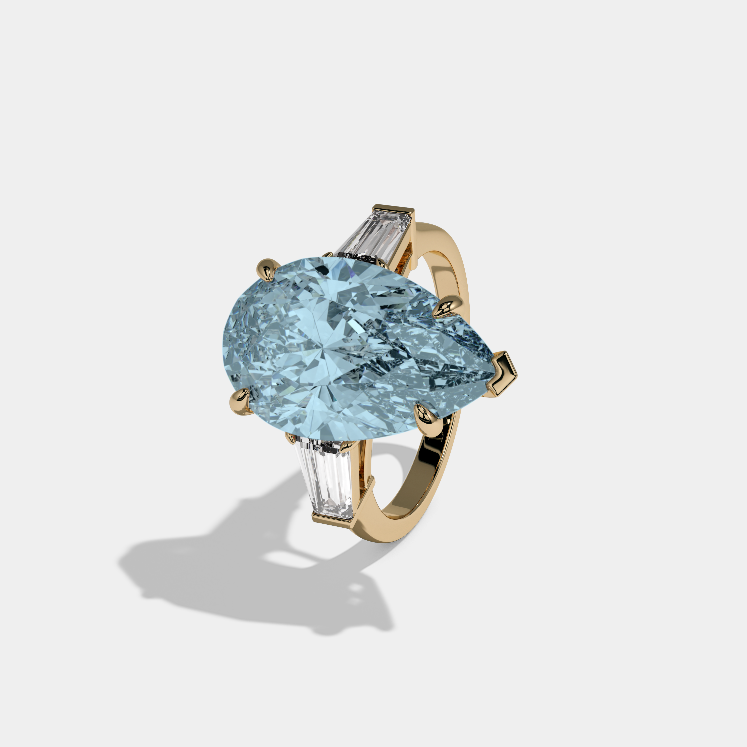 Alice Fancy Light Blue Pear Cut Diamond Plain Band With Baguette Cut Sides Engagement Ring 8ct 18k Yellow Gold