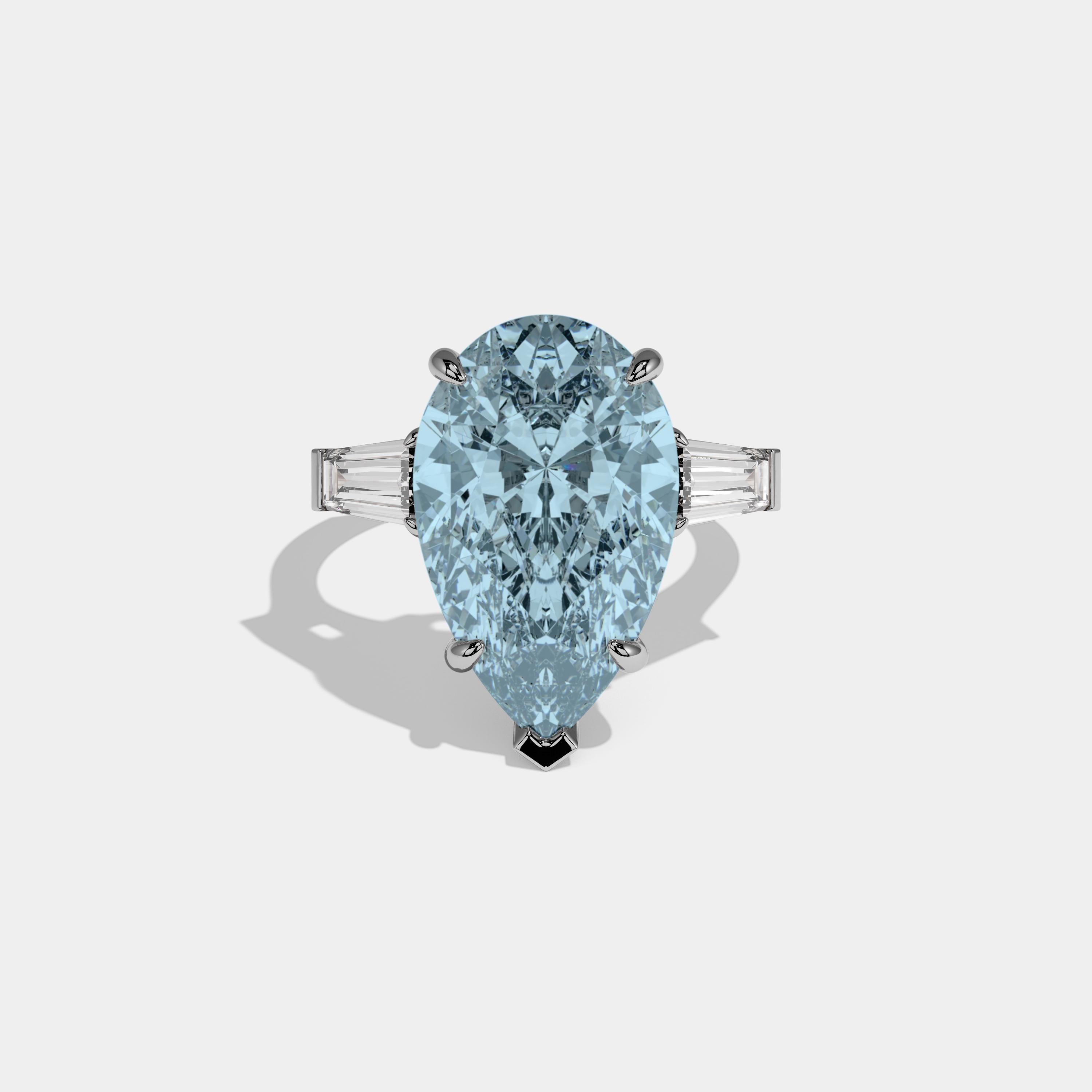 Amelia Fancy Light Blue Pear Cut Diamond Plain Band With Baguette Cut Sides Engagement Ring 8ct 18k White Gold