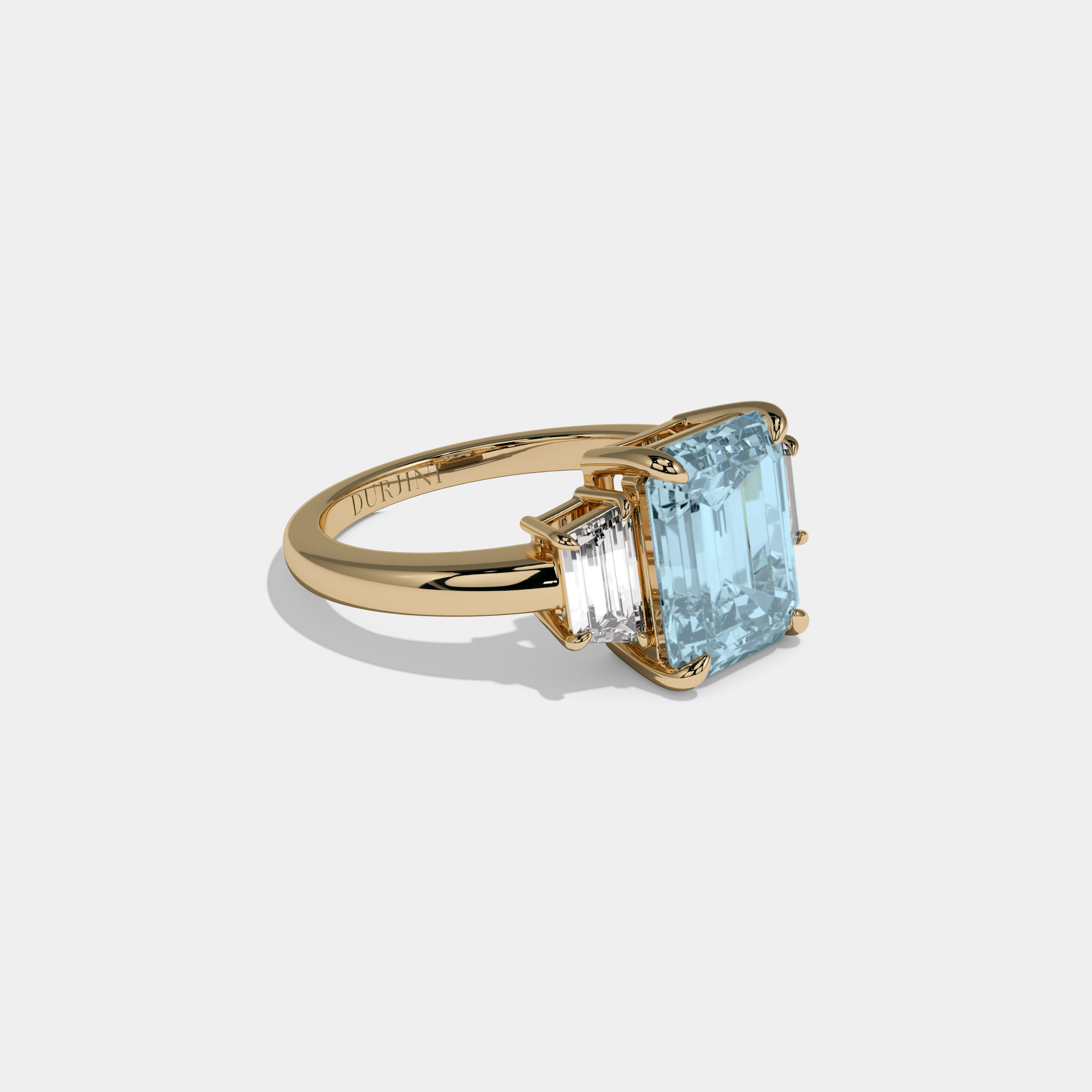 Alice Fancy Light Blue Emerald Cut Diamond Plain Band With Step Cut Sides Engagement Ring 8ct 18k Yellow Gold
