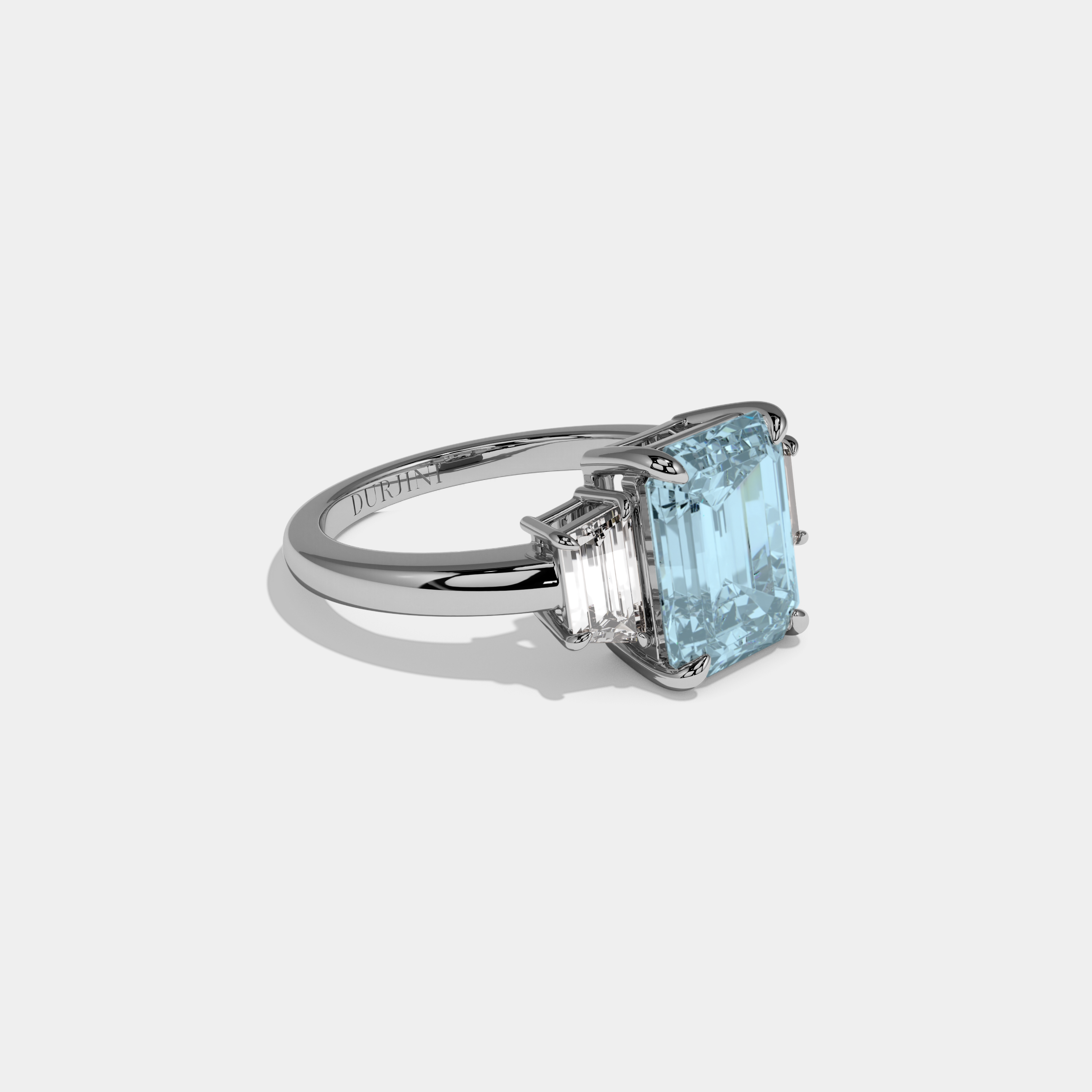 Amelia Fancy Light Blue Emerald Cut Diamond Plain Band With Step Cut Sides Engagement Ring 8ct 18k White Gold