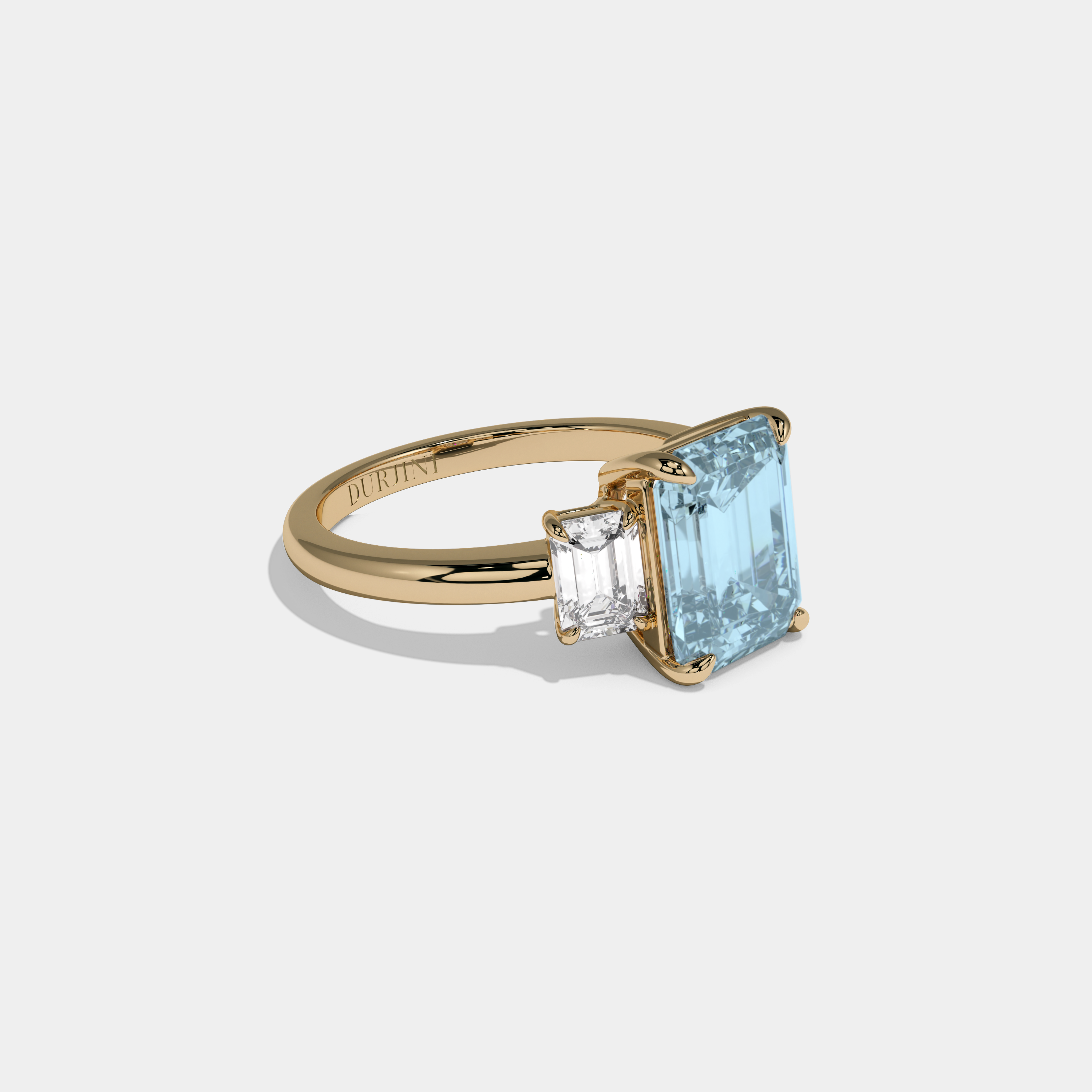Alice Fancy Light Blue Emerald Cut Diamond Plain Band With Emerald Cut Sides Engagement Ring 8ct 18k Yellow Gold