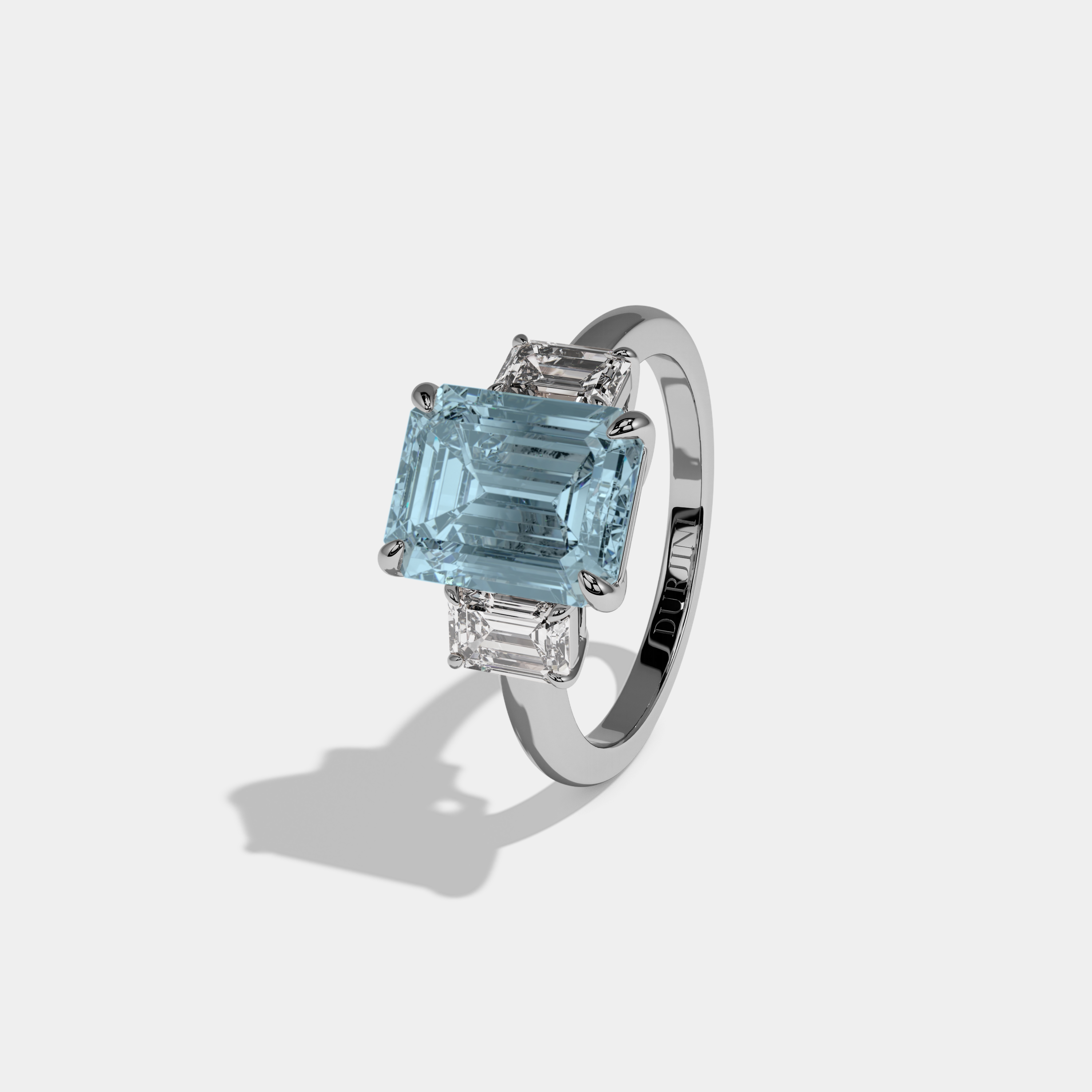 Amelia Fancy Light Blue Emerald Cut Diamond Plain Band With Emerald Cut Sides Engagement Ring 8ct 18k White Gold