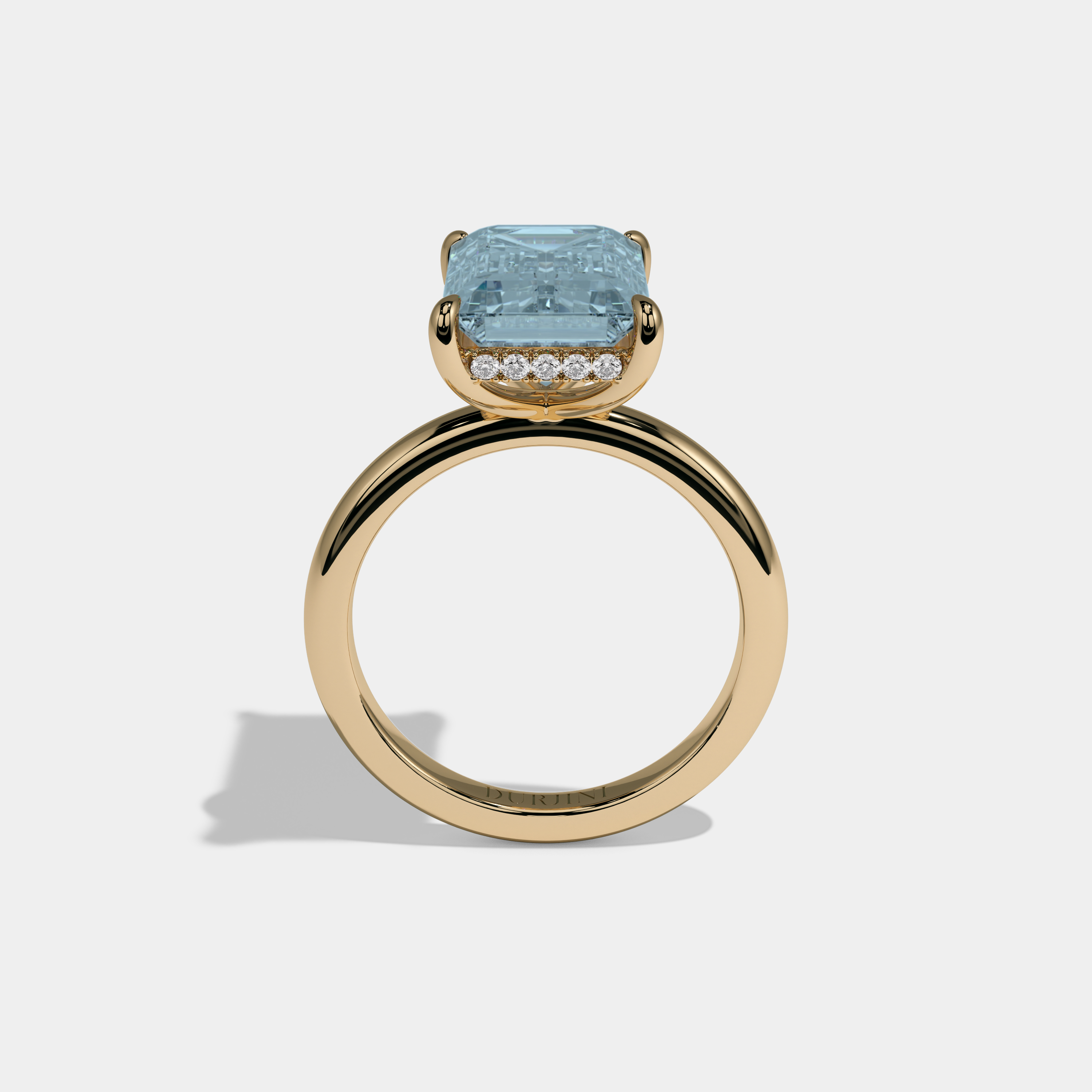 Anne Fancy Light Blue Emerald Cut Diamond Plain Band Engagement Ring 6.5ct 18K Yellow Gold
