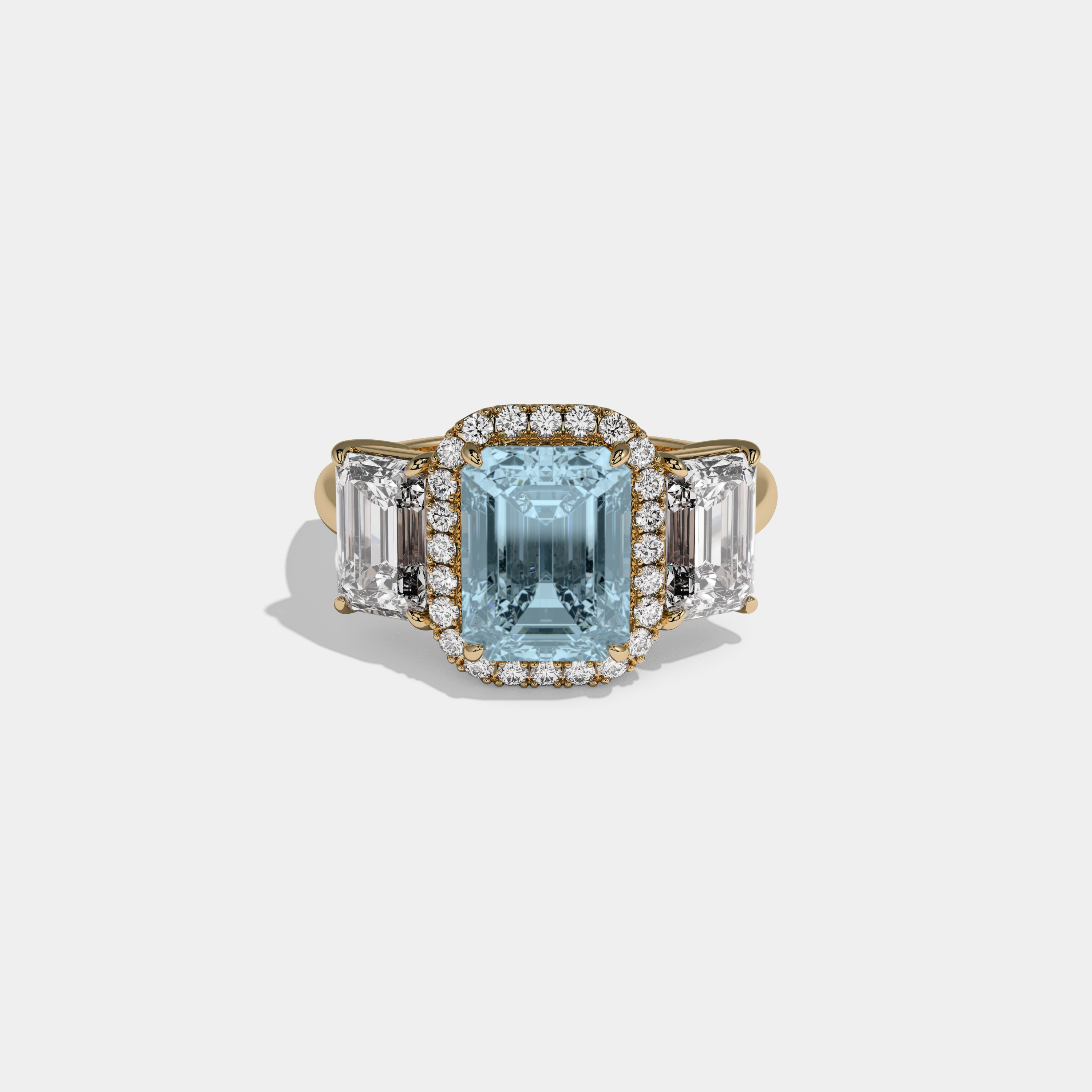 Caroline Fancy Light Blue Emerald Cut Diamond Plain Band With Emerald Cut Sides Engagement Ring 8ct 18K Yellow Gold