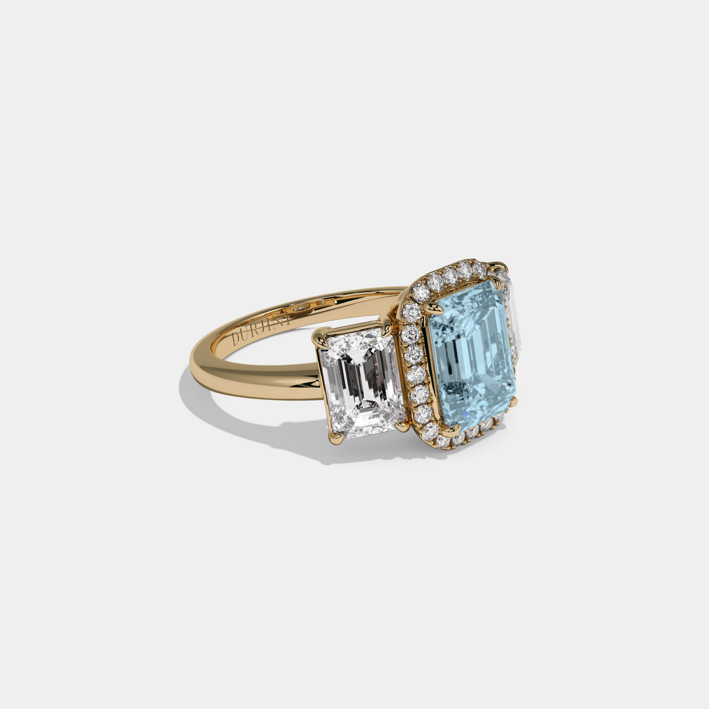 Caroline Fancy Light Blue Emerald Cut Diamond Plain Band With Emerald Cut Sides Engagement Ring 8ct 18K Yellow Gold