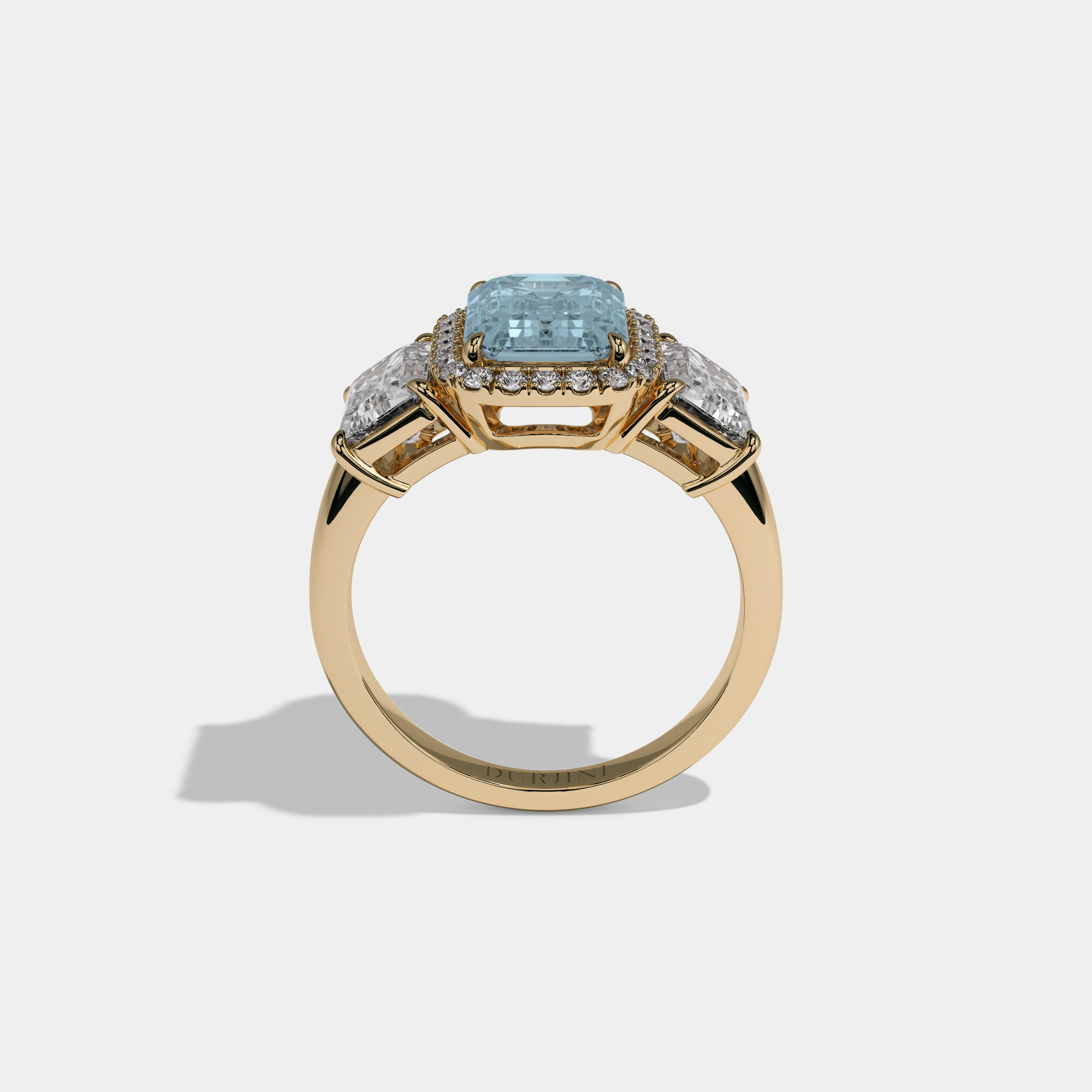 Caroline Fancy Light Blue Emerald Cut Diamond Plain Band With Emerald Cut Sides Engagement Ring 8ct 18K Yellow Gold