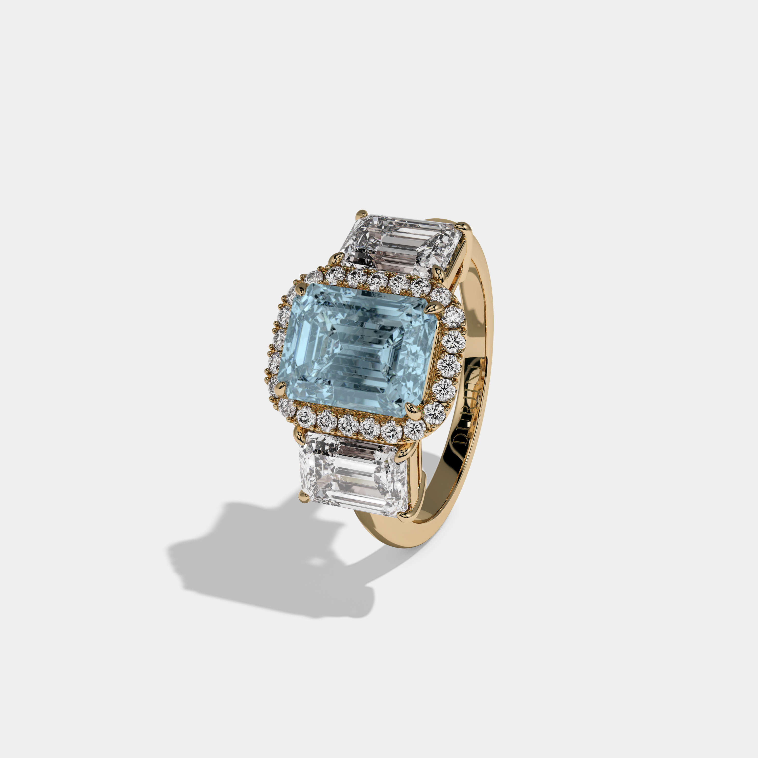 Caroline Fancy Light Blue Emerald Cut Diamond Plain Band With Emerald Cut Sides Engagement Ring 8ct 18K Yellow Gold