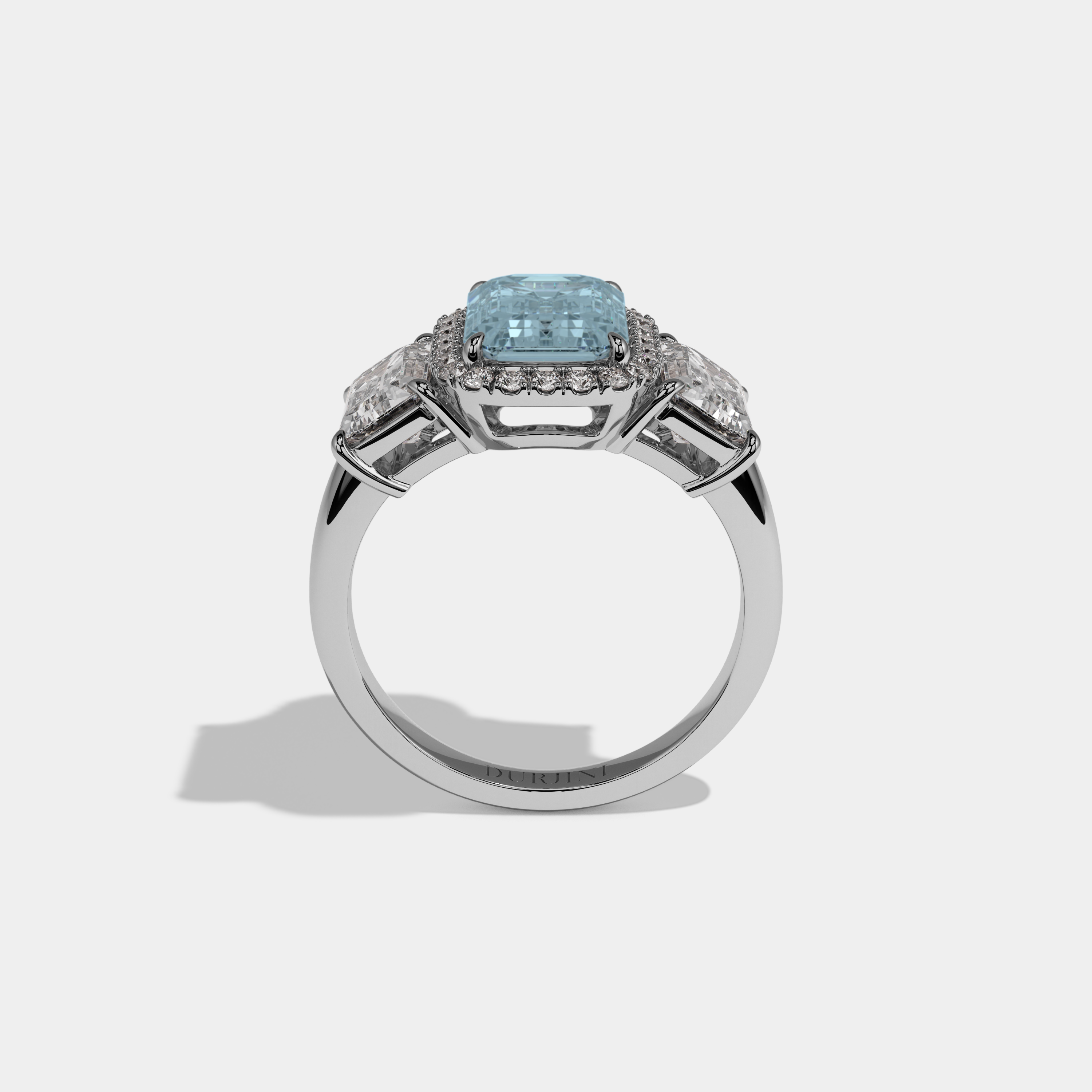 Louise Fancy Light Blue Emerald Cut Diamond Plain Band With Emerald Cut Sides Engagement Ring 8ct 18K White Gold